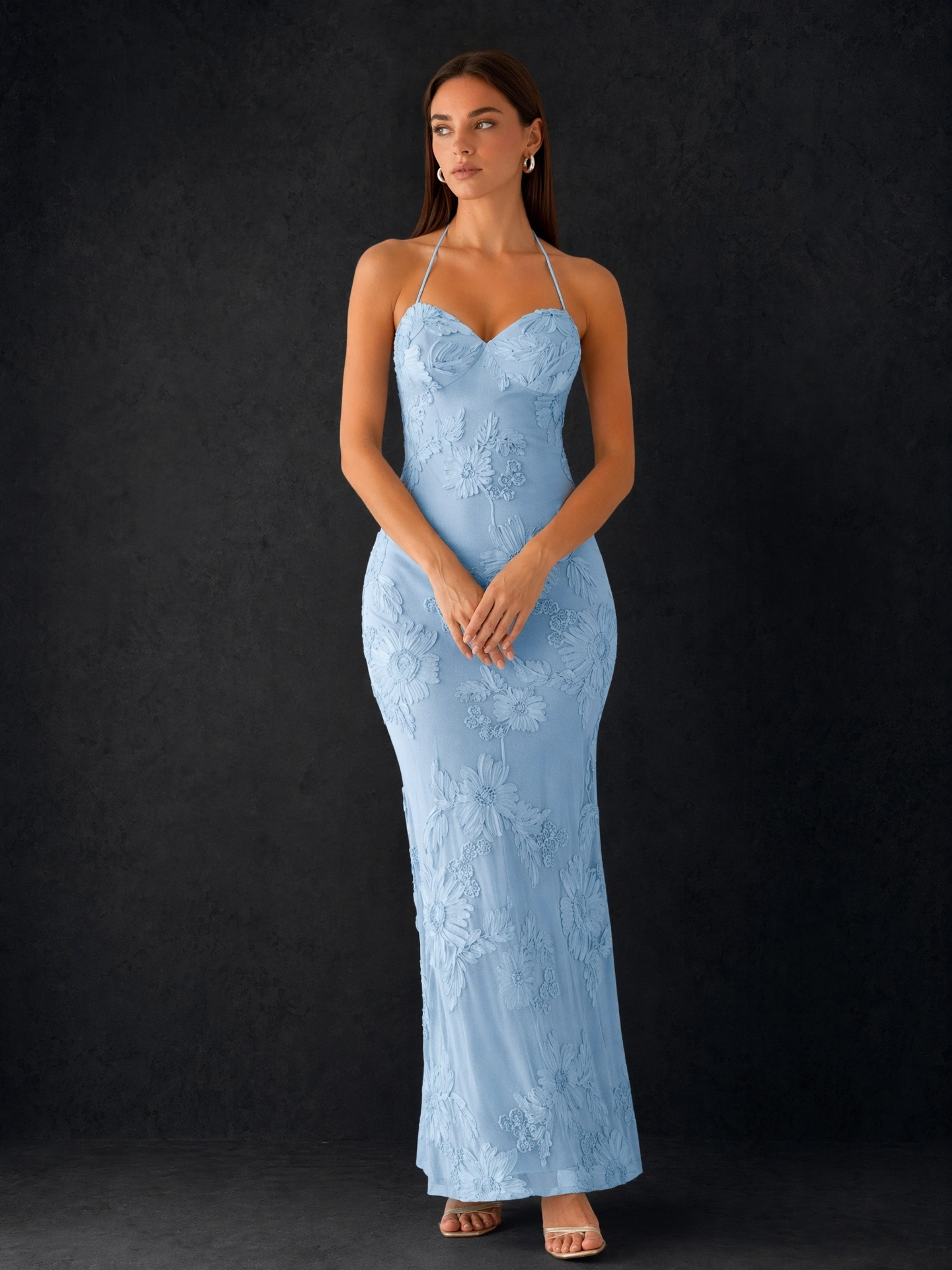 BOLODOO Sky Blue 3D Floral Embroidered Halter Sweetheart Lace-Up Open Back Mermaid Maxi Dress - Back View Showing Lace-Up Open Back Detail