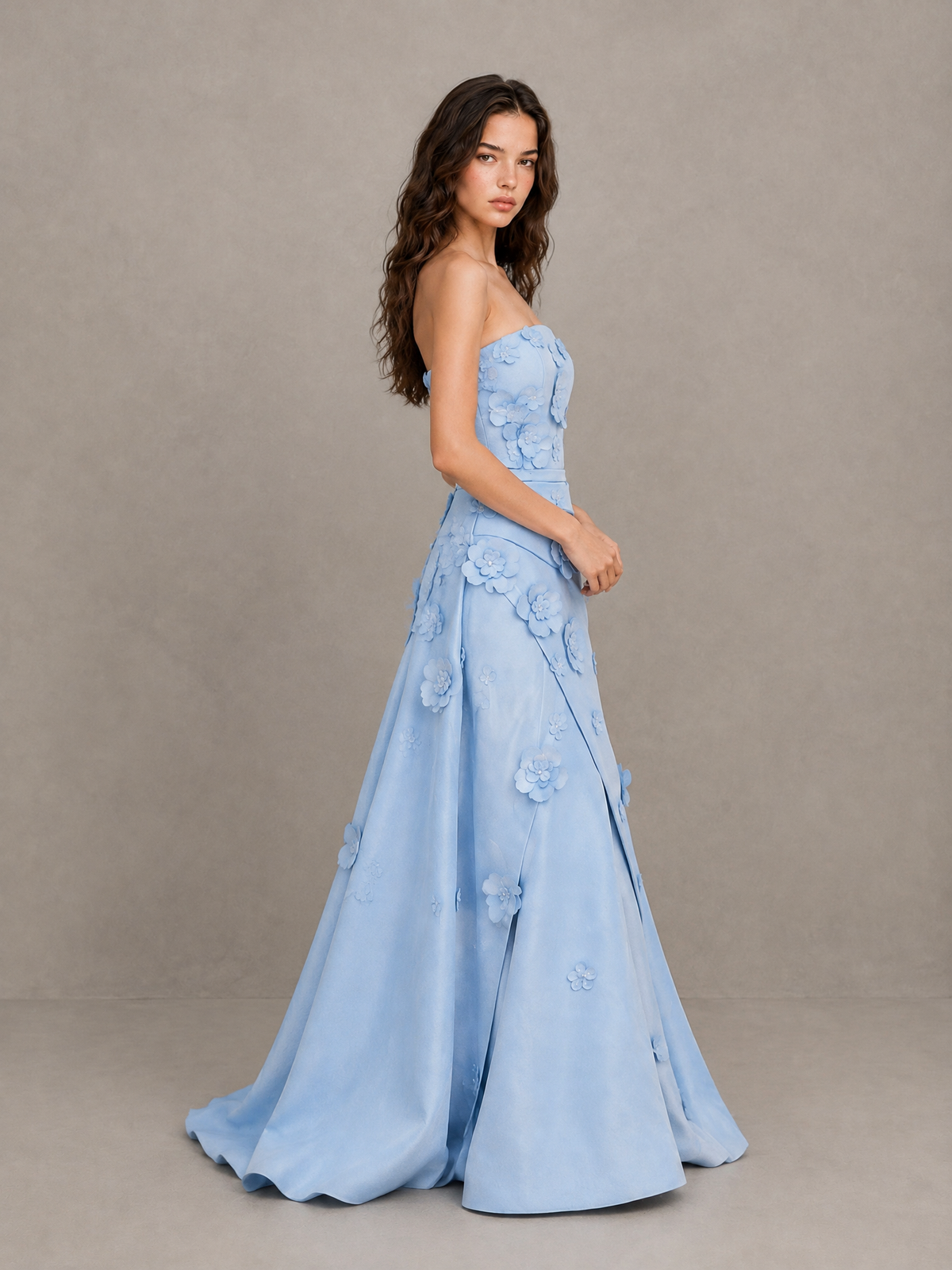 BOLODOO Light Blue Strapless 3D Floral Applique Prom Gown with Draped Skirt 