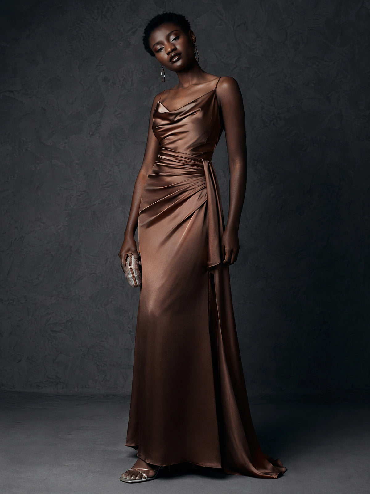 BOLODOO Chocolate Brown Satin Cowl Neck Spaghetti Strap Side-Tie Slit Maxi Dress maxi dress
