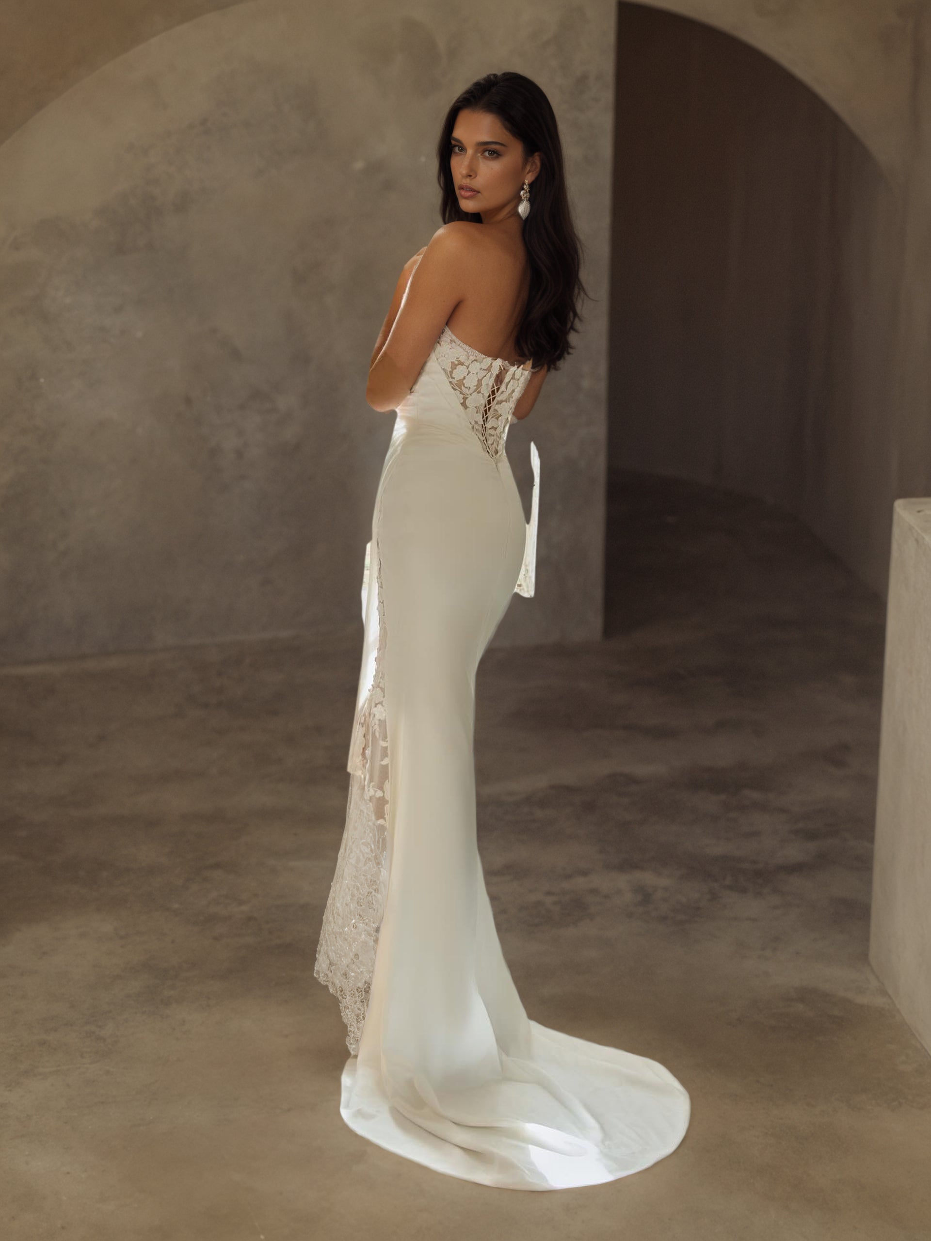 BOLODOO Ivory Strapless Sweetheart Satin Mermaid Wedding Gown - back view open lace back with train