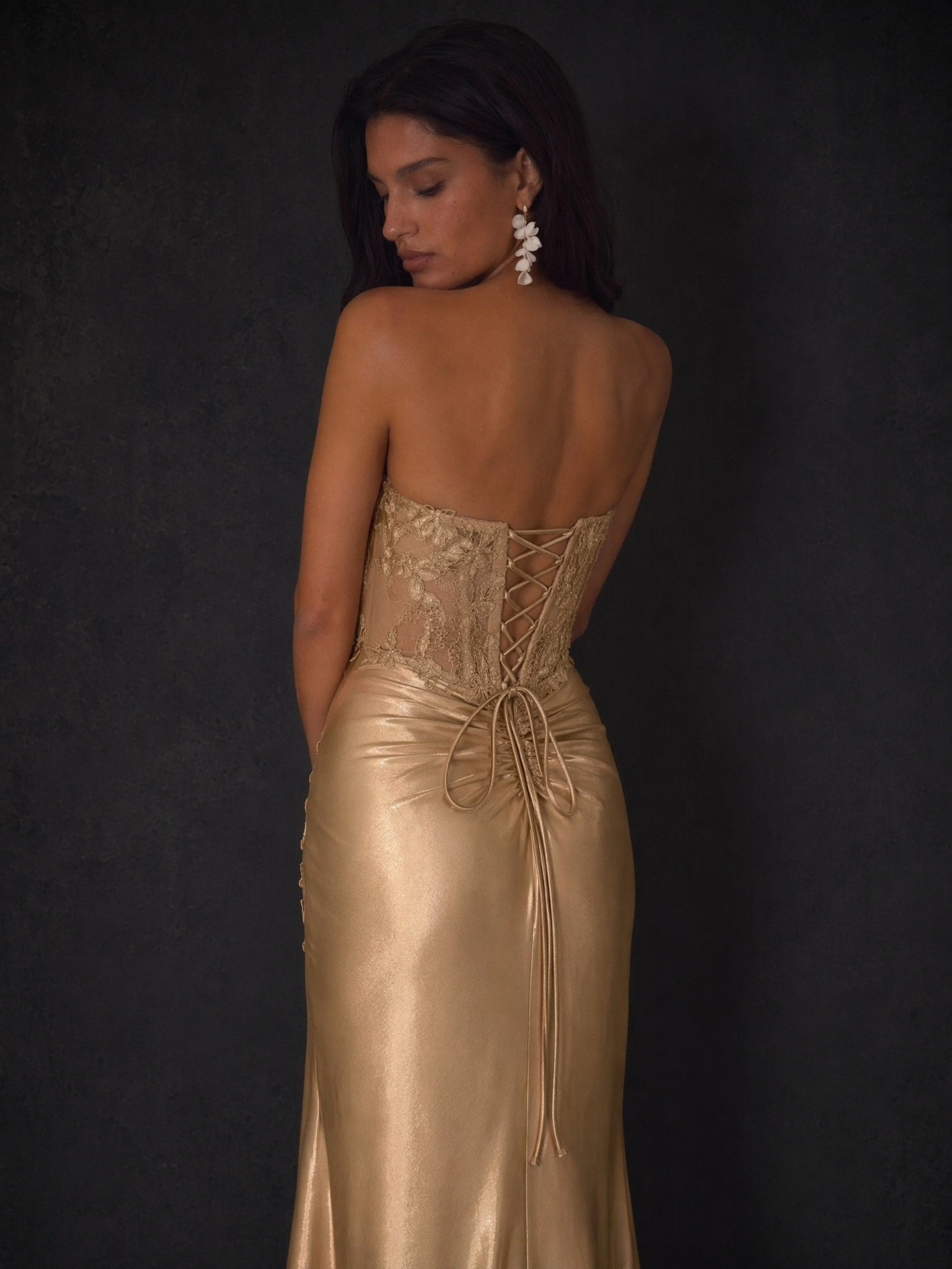 BOLODOO Champagne Gold Satin Sweetheart Lace Corset Bodice High Slit Lace-Up Back Mermaid Maxi Dress - Front Full Length Standing Straight View