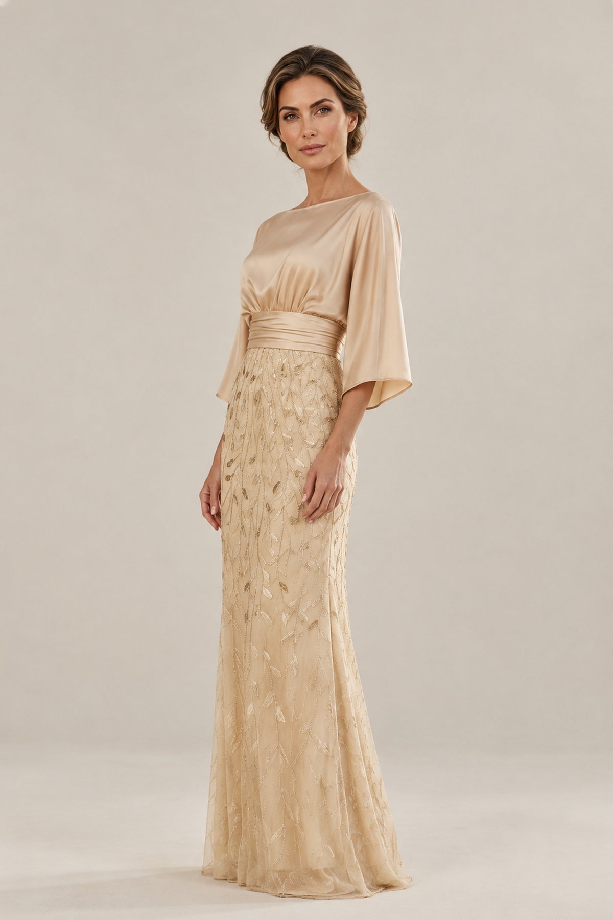 Champagne gold satin and sequin embroidered floor-length gown full front view