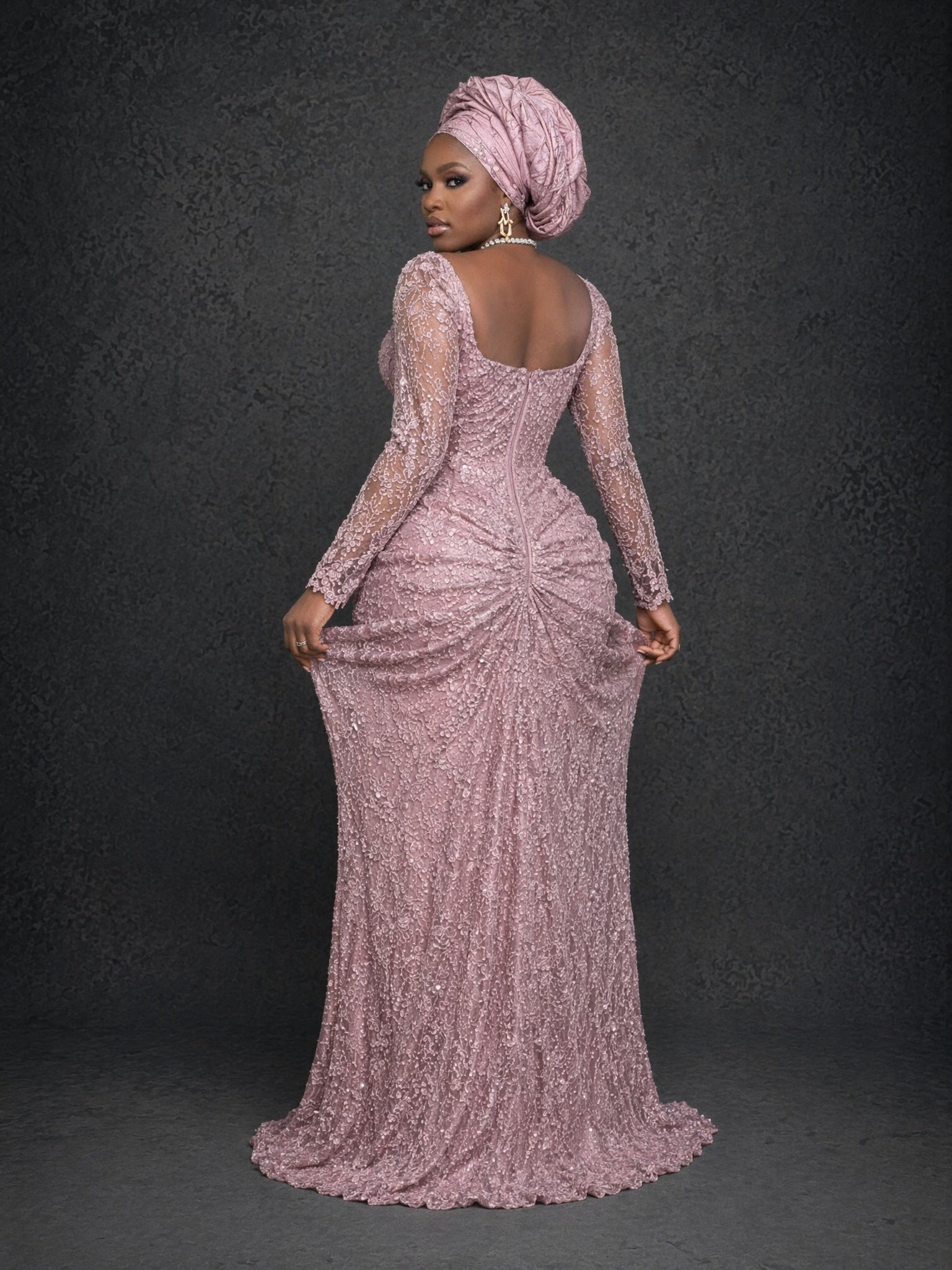 BOLODOO dusty mauve beaded sequin lace long sleeve mermaid gown - back full length view showing low back zipper and sweeping train