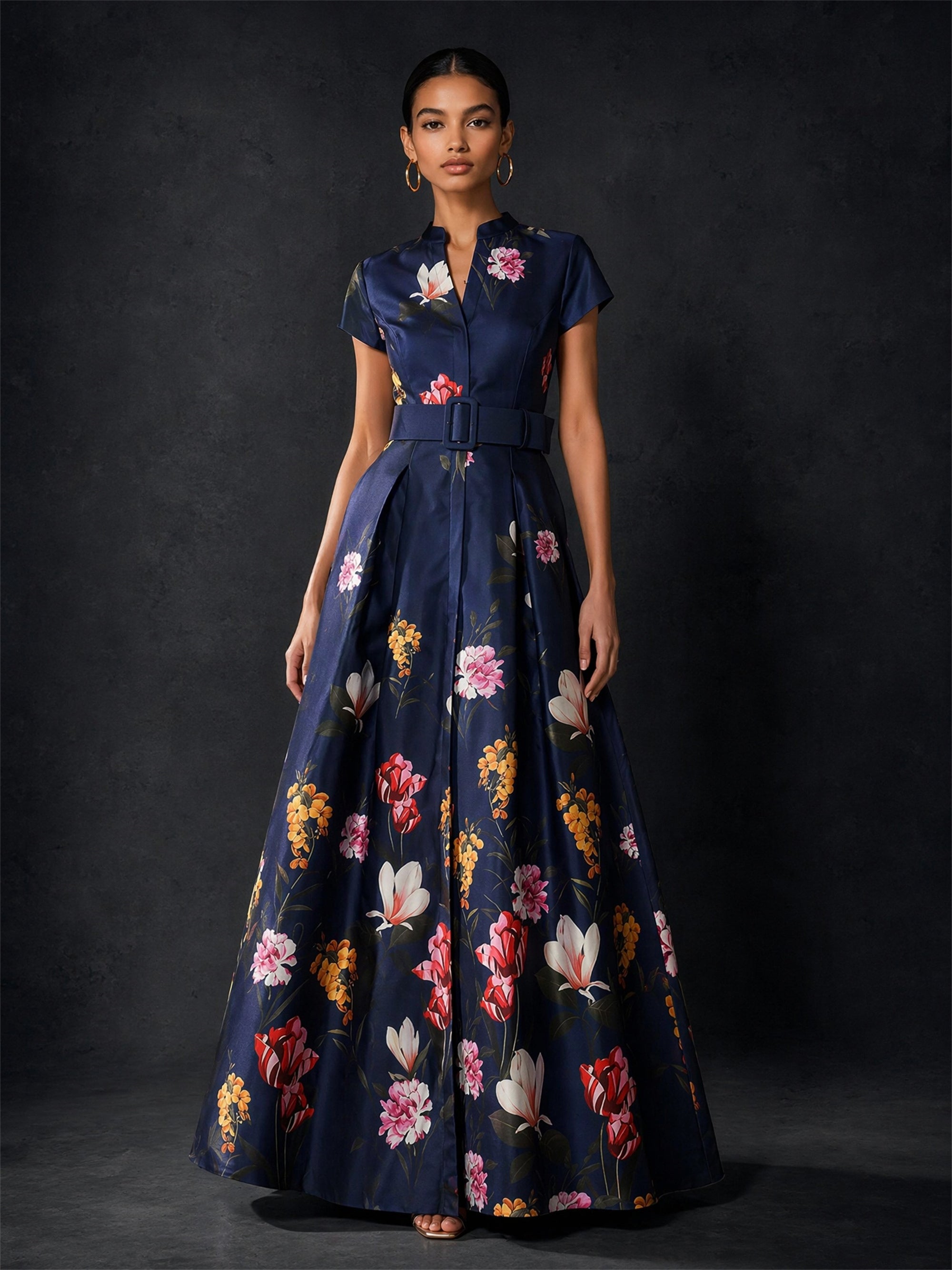 BOLODOO navy blue short sleeve floral maxi dress - front view showing full A-line silhouette with belt and multicolor floral print