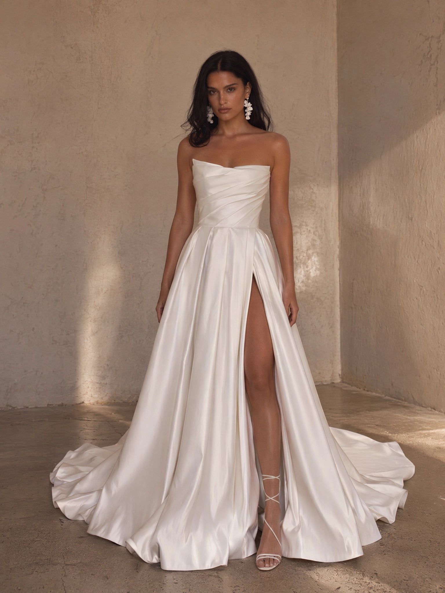 BOLODOO Ivory Strapless Sweetheart Ruched Satin A-Line Wedding Gown - full front view with high slit