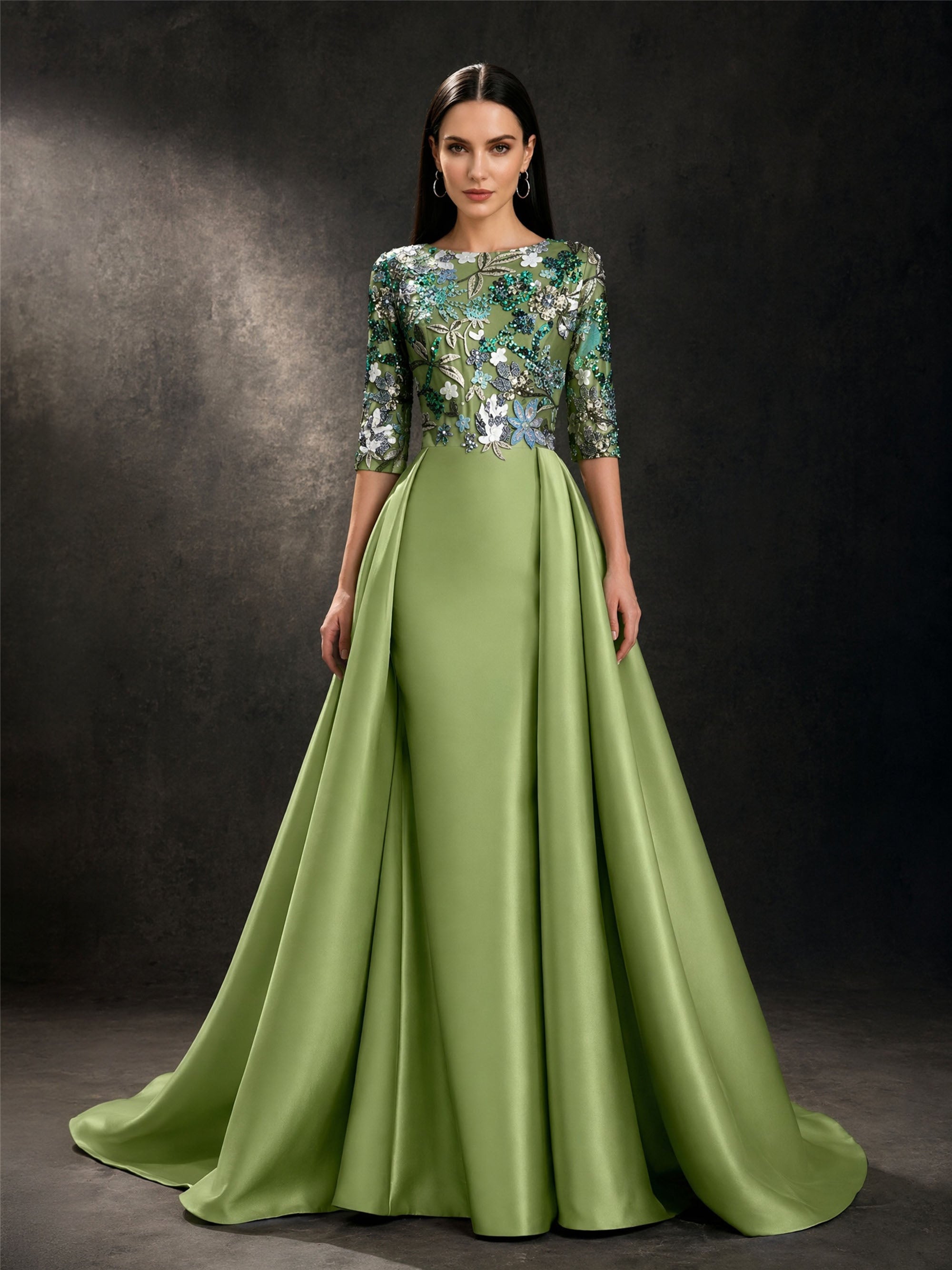 BOLODOO Olive Green 3/4 Sleeve Sequin Embroidered Satin A-Line Gown – Front View Full Length