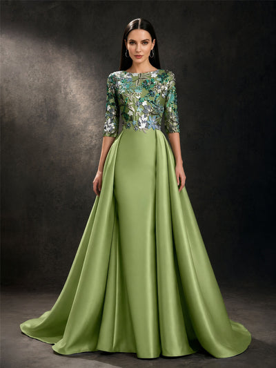 BOLODOO Olive Green 3/4 Sleeve Sequin Embroidered Satin A-Line Gown – Front View Full Length