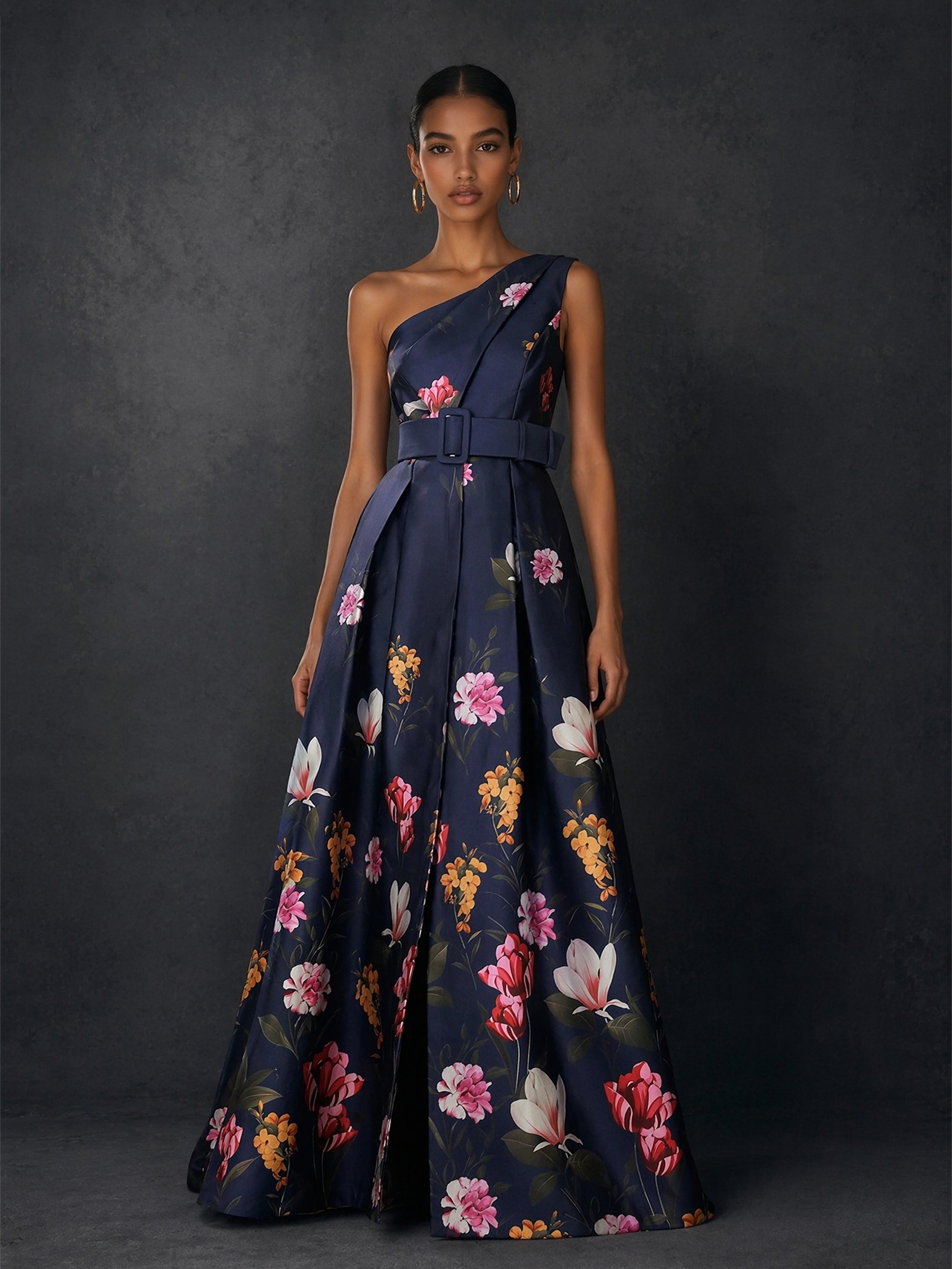 BOLODOO navy blue floral one-shoulder belted ball gown - front full length view
