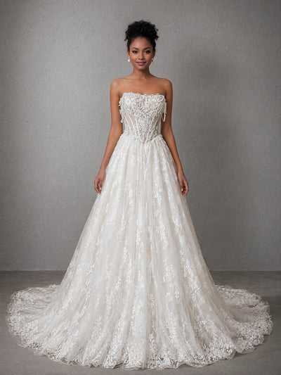 BOLODOO White Strapless Lace Embroidered Pearl Tassel Corset A-Line Wedding Gown with Train evening gown