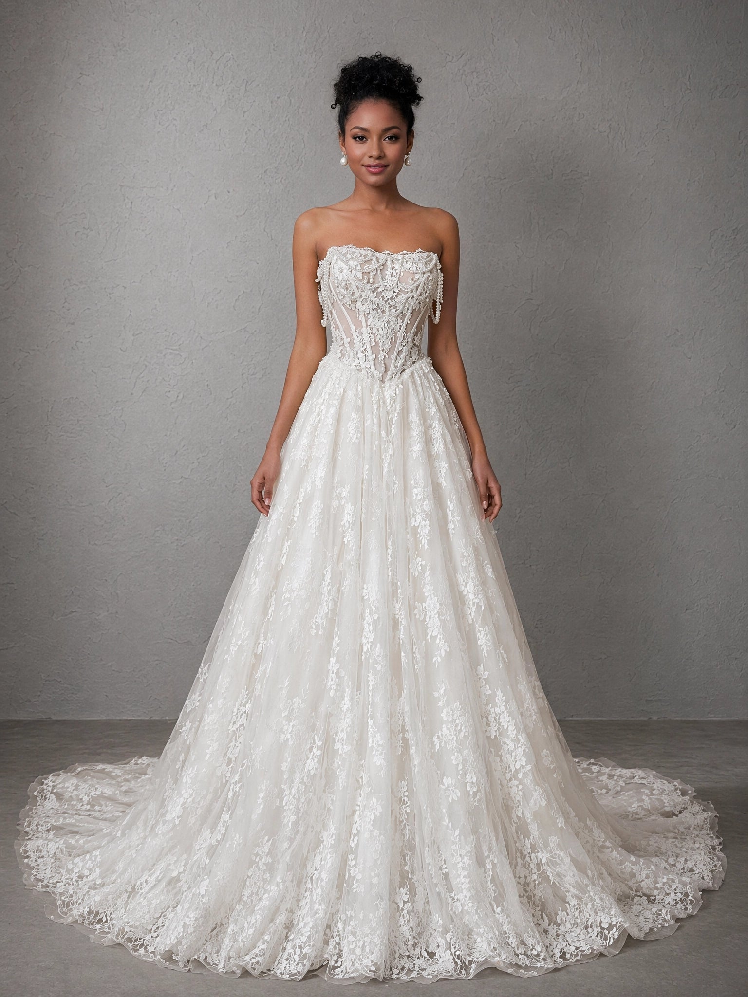 BOLODOO White Strapless Lace Embroidered Pearl Tassel Corset A-Line Wedding Gown with Train