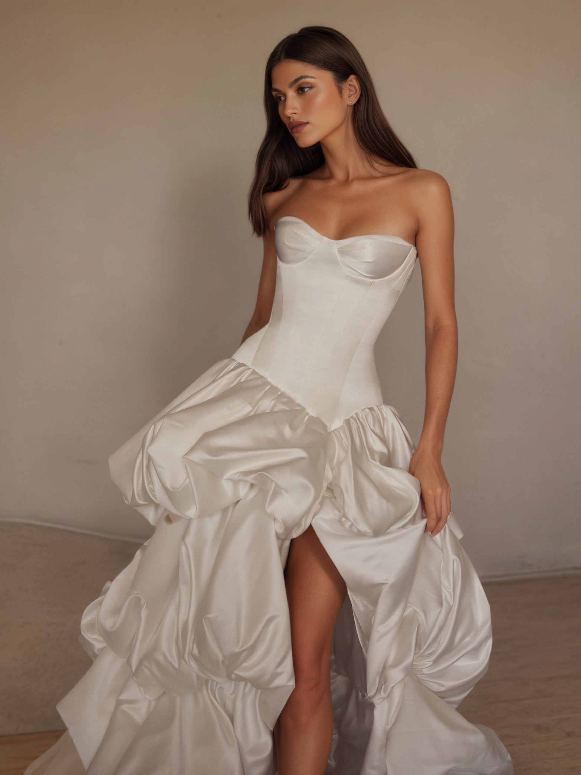 BOLODOO Ivory Strapless Sweetheart Boned Corset Satin Sculptural Ruffle Ball Gown - front bodice close-up with slit