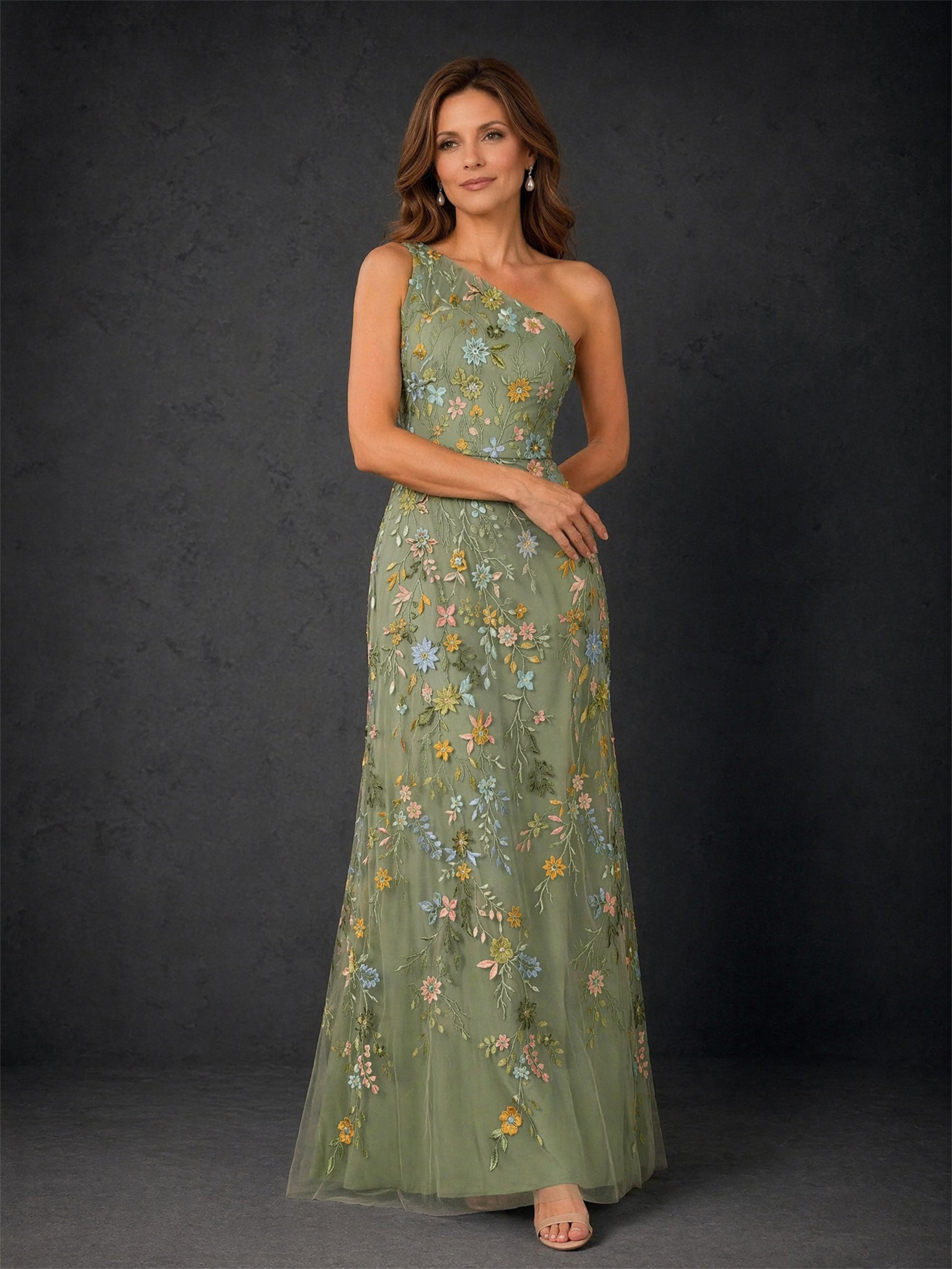 BOLODOO olive green one-shoulder floral embroidered tulle maxi dress - full length front view