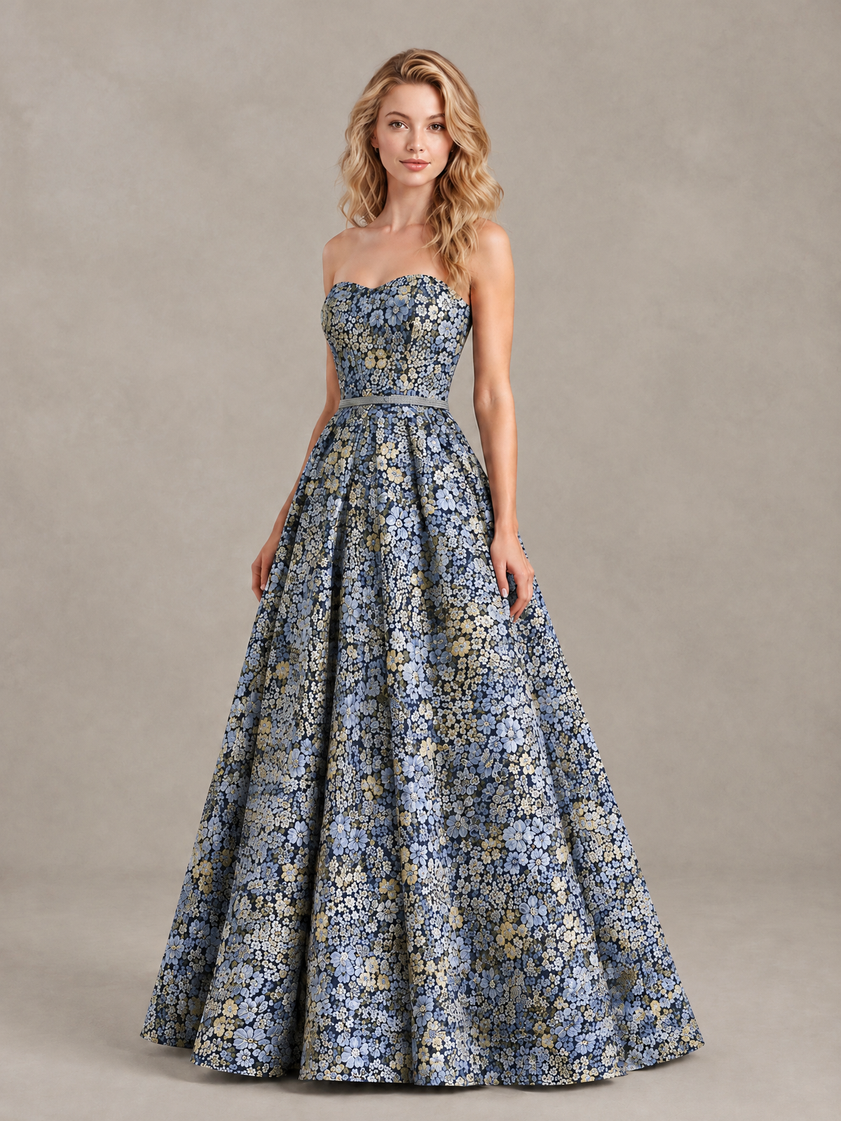 BOLODOO Blue Grey Floral Strapless A-Line Evening Gown 