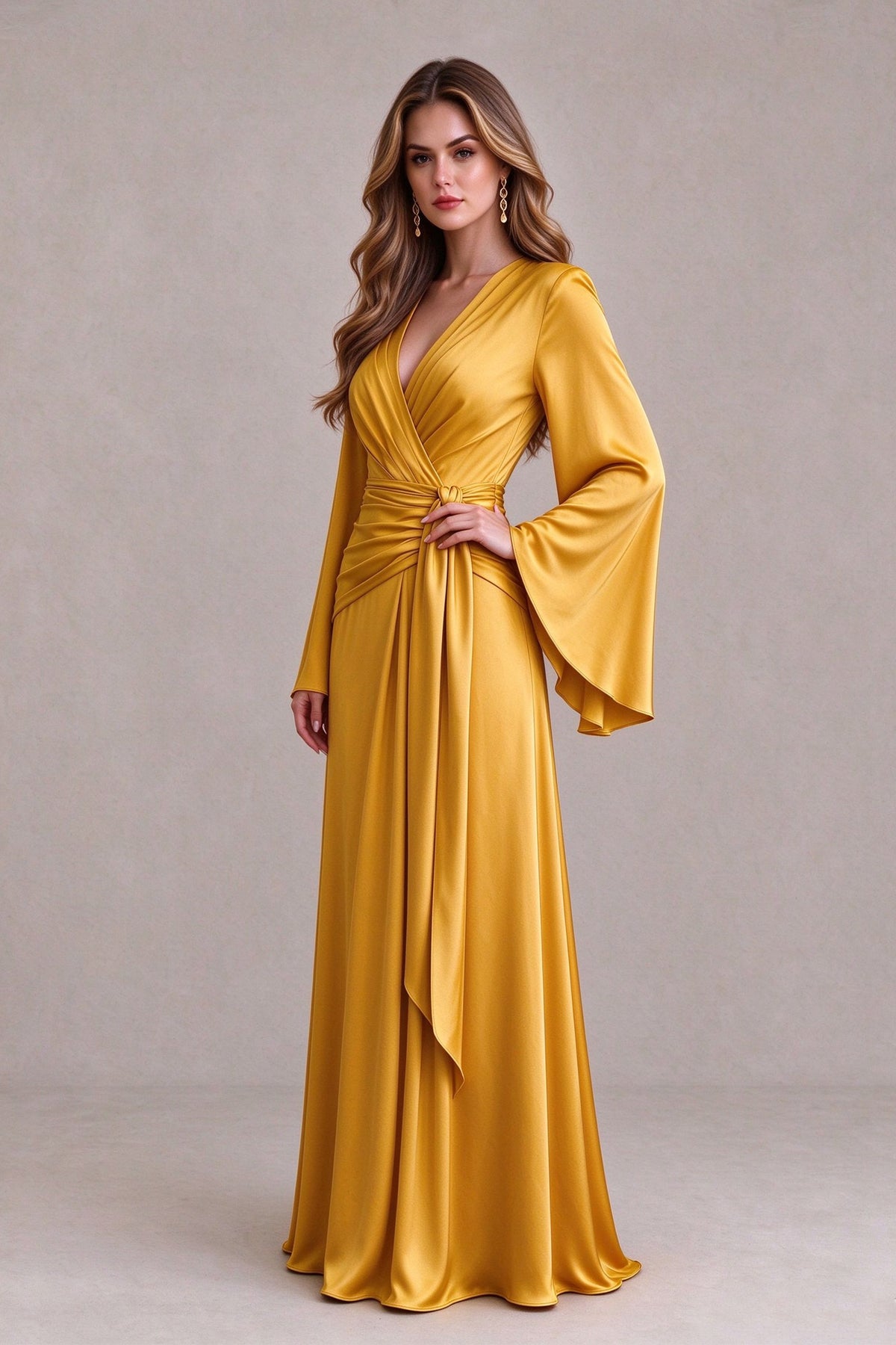 BOLODOO FQ0064 golden yellow evening gown showing covered back, center-back zipper and ruched waist, rear view