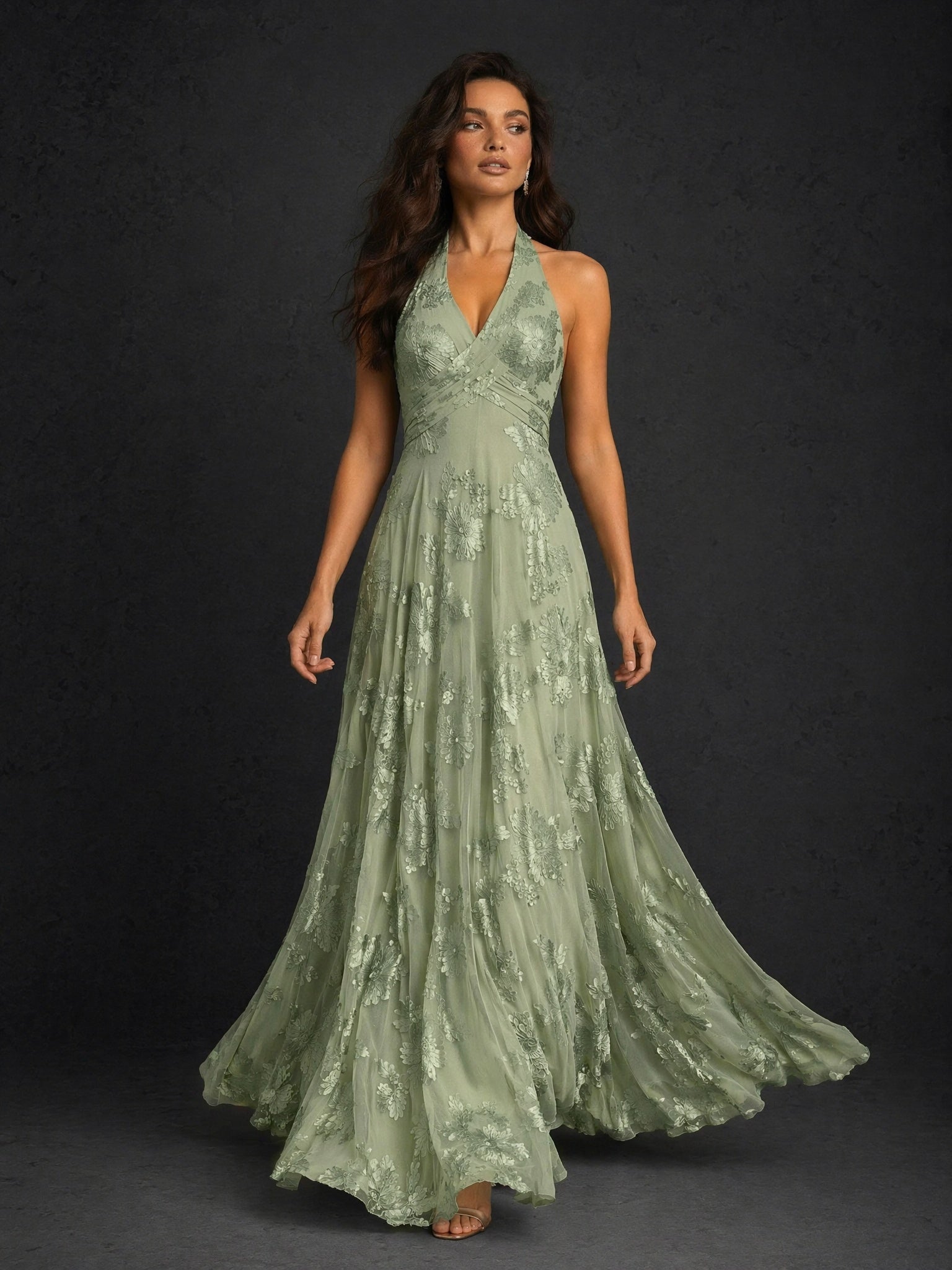 BOLODOO Sage Green Gold Sequin Halter V-Neck Twist Knot A-Line Maxi Dress - Back View showing Open Back and Ruched Bodice