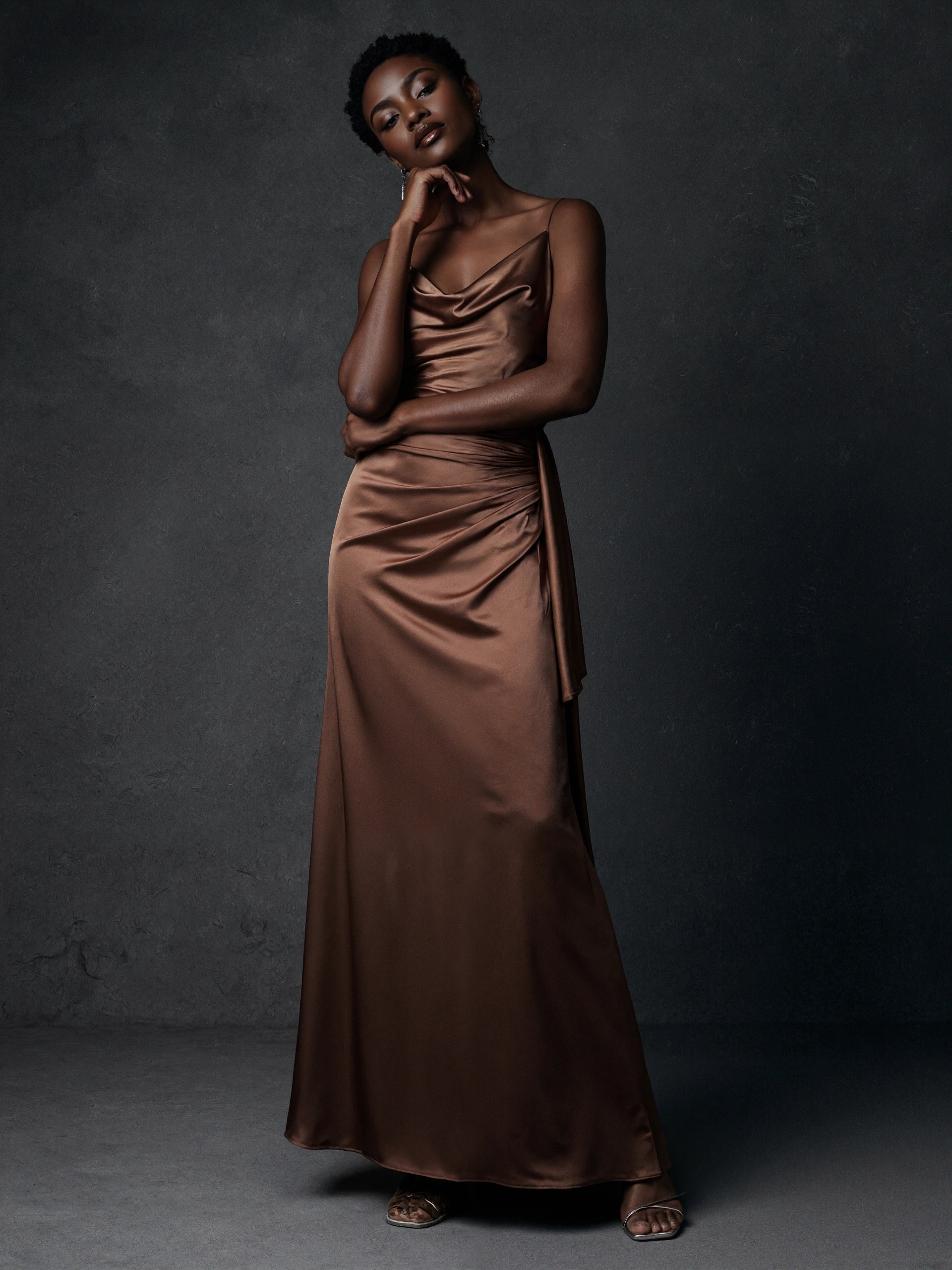 BOLODOO Chocolate Brown Satin Cowl Neck Spaghetti Strap Side-Tie Slit Maxi Dress