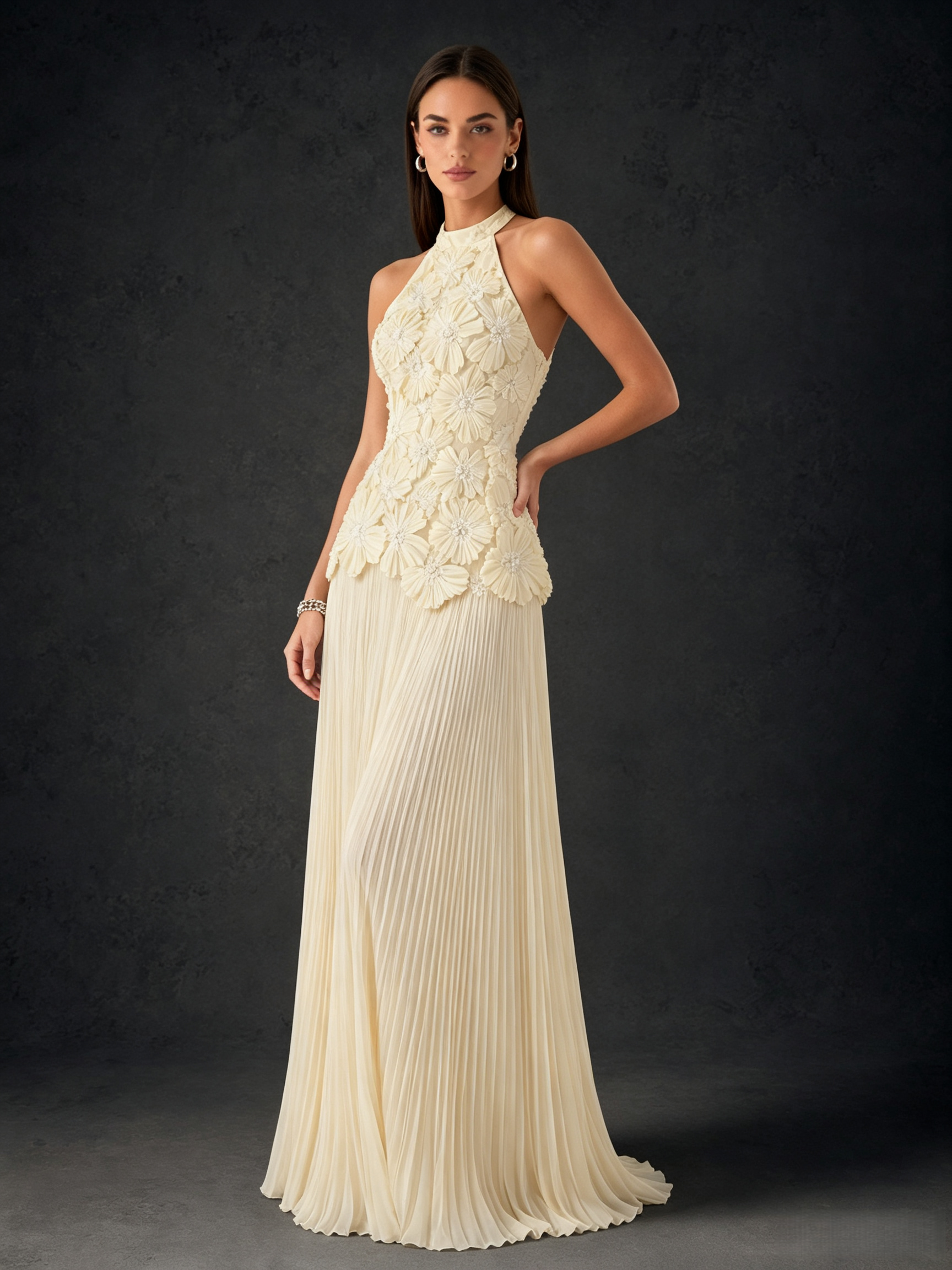 BOLODOO cream ivory 3D floral halter neck pleated chiffon backless maxi dress - close up bodice floral detail