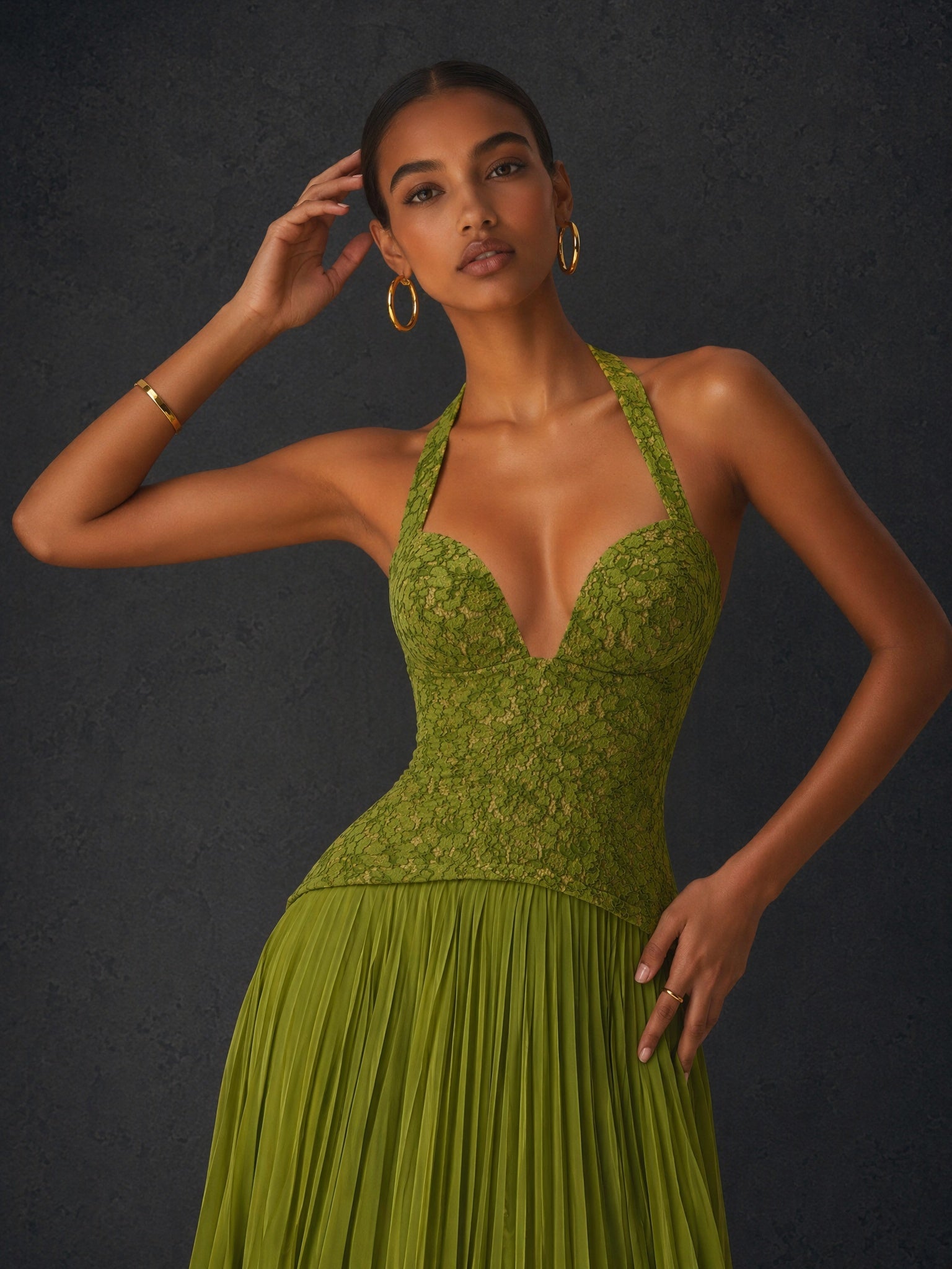 BOLODOO Olive Green Lace Corset Deep V Halter Pleated Chiffon Maxi Dress - Front Upper Body Close Up showing Lace Corset and Deep V Detail