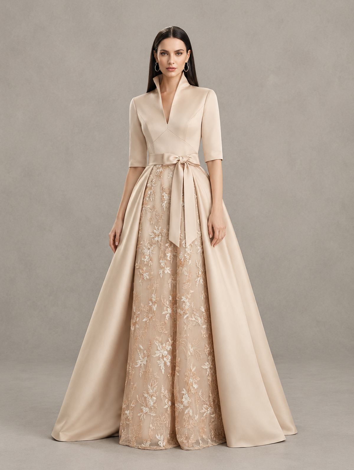 BOLODOO Champagne Stand Collar Bow Waist Floral Embroidered Evening Gown 