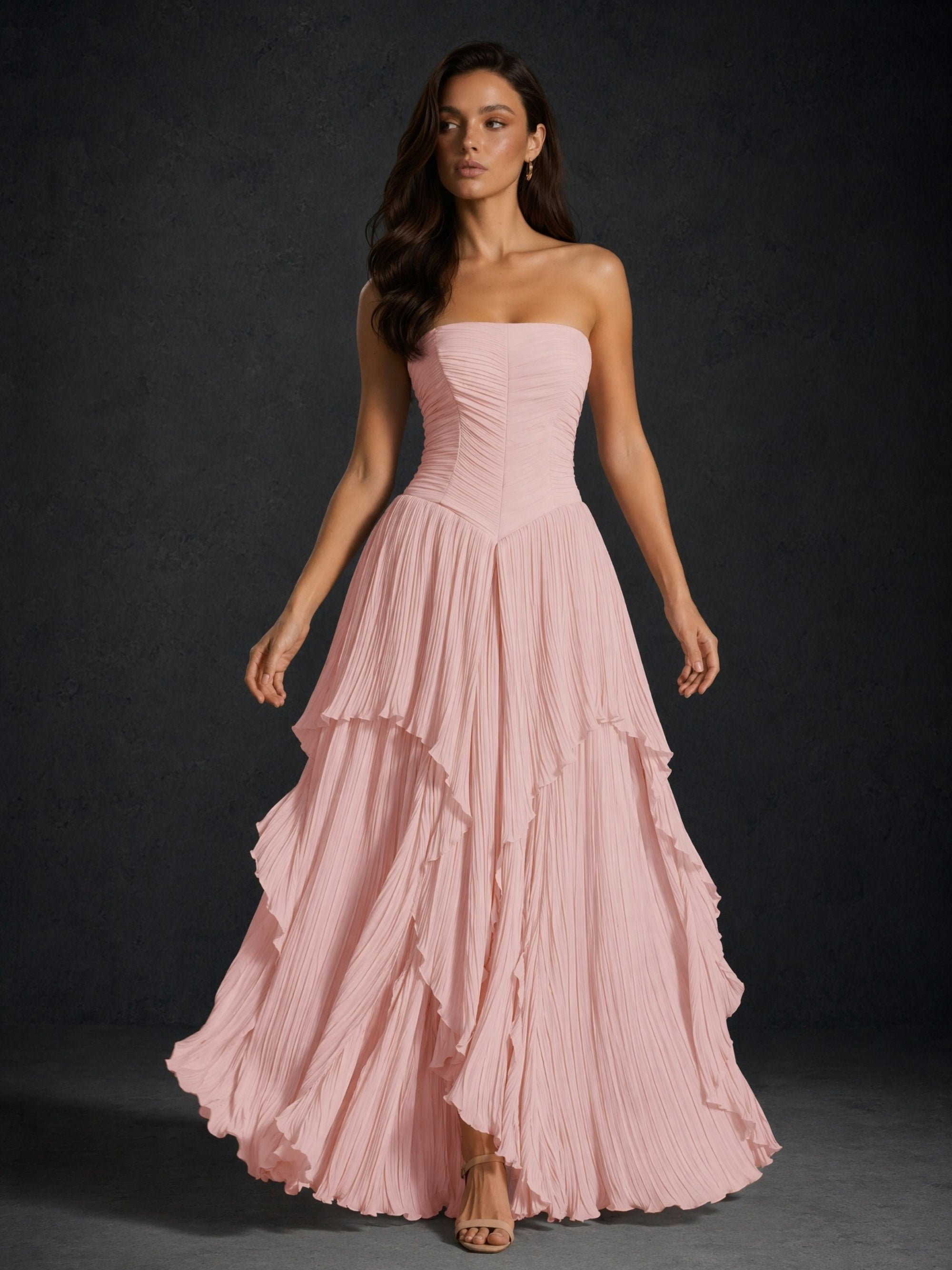 BOLODOO Blush Pink Pleated Chiffon Strapless Lace-Up Corset Back Tiered Ruffle Maxi Dress - Back View Showing Lace-Up Corset Back Detail