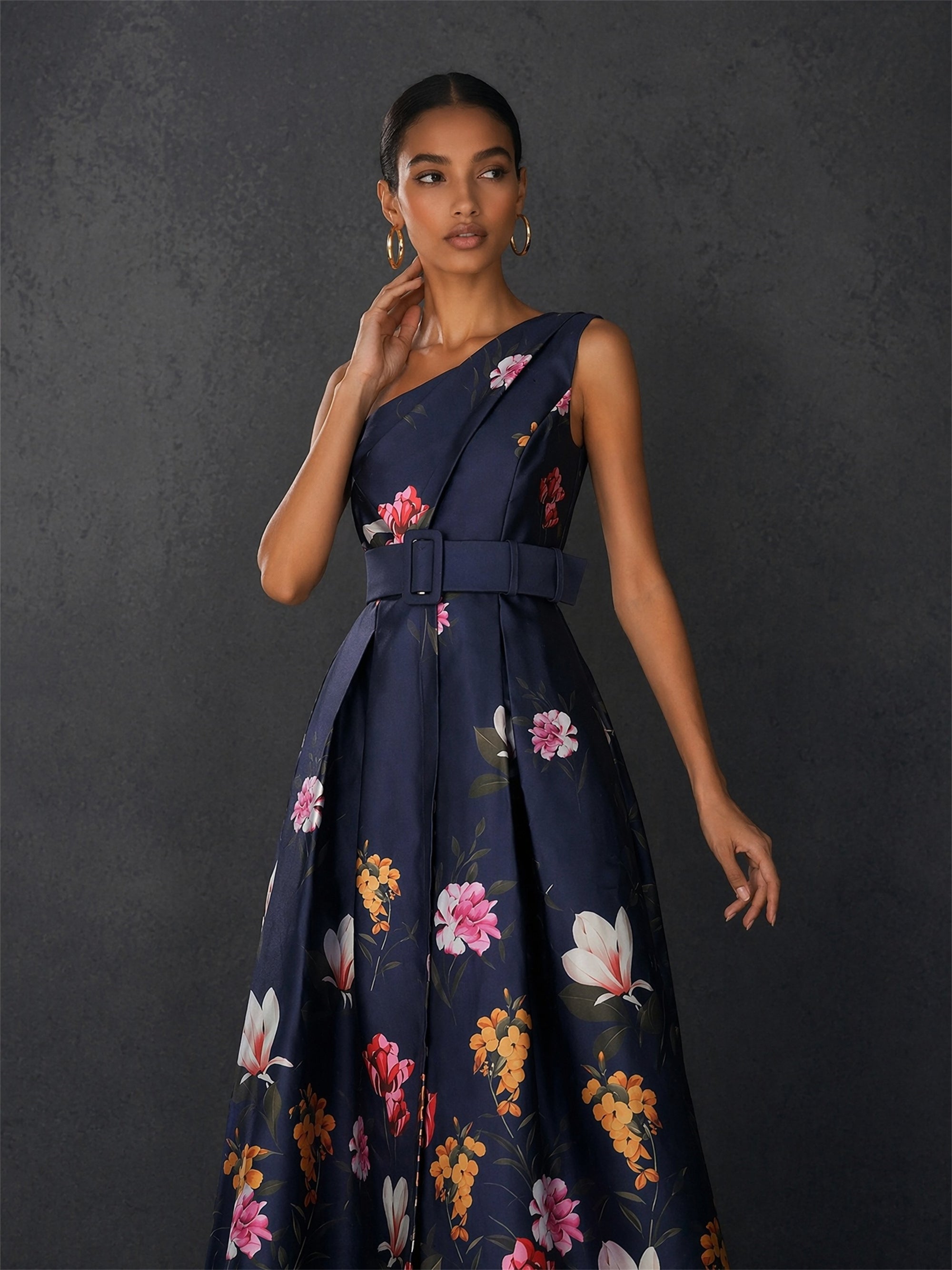 BOLODOO navy blue floral one-shoulder belted ball gown - side view showing silhouette