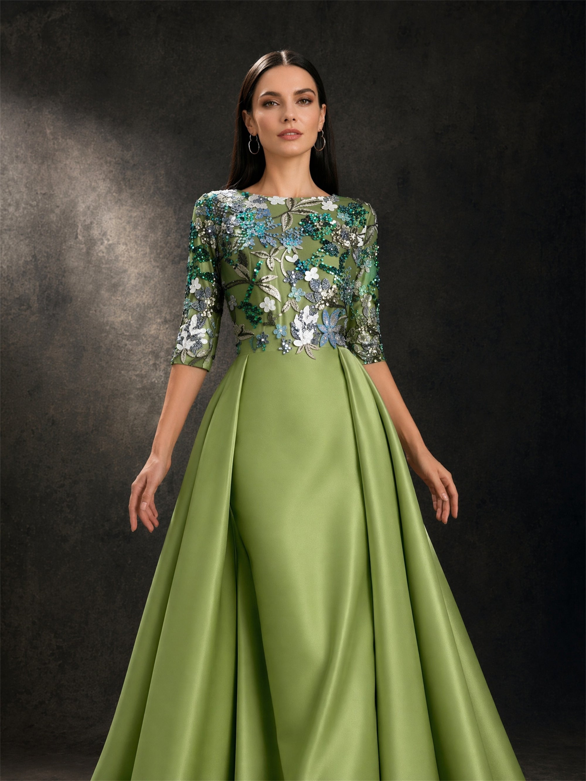 BOLODOO Olive Green 3/4 Sleeve Sequin Embroidered Satin A-Line Gown – Front View Upper Body Detail