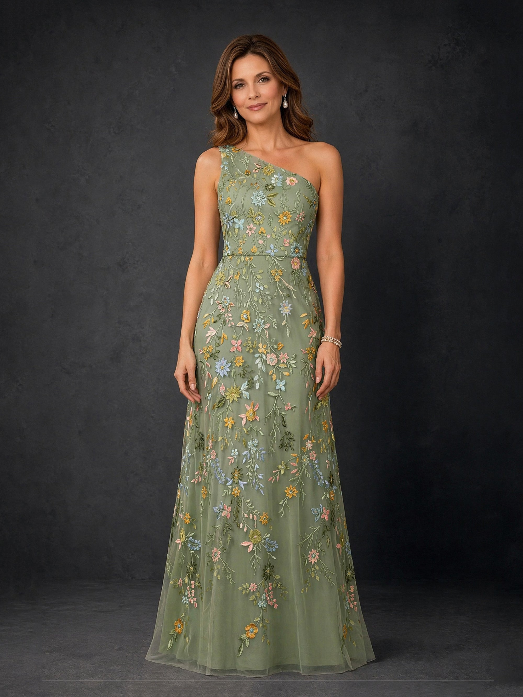 BOLODOO olive green one-shoulder floral embroidered tulle maxi dress - full length front view angle 2