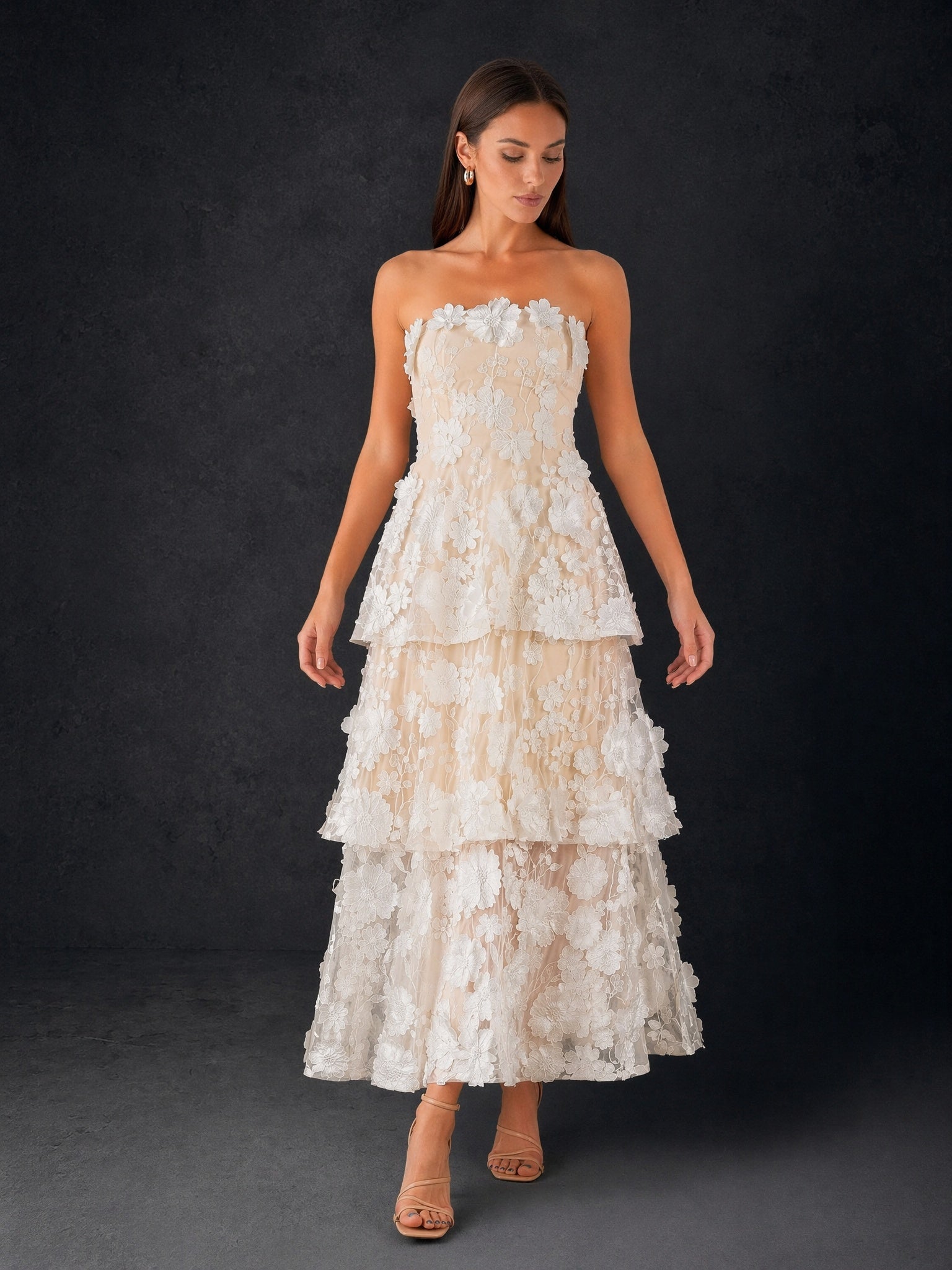 BOLODOO Champagne Ivory 3D Floral Lace Strapless Tiered Ruffle Tea Length Dress - Back View showing Open Back and Tiered Ruffle Skirt