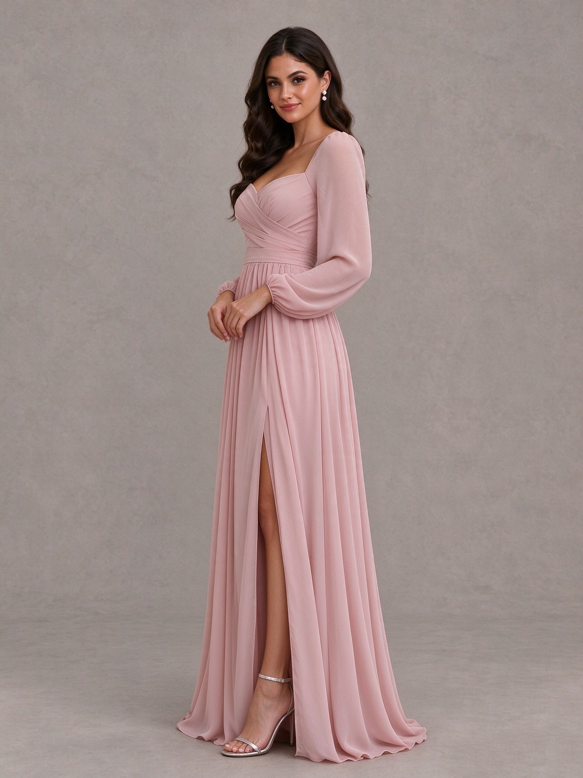 BOLODOO Dusty Rose Long Sleeve Chiffon Bridesmaid Dress with Slit 