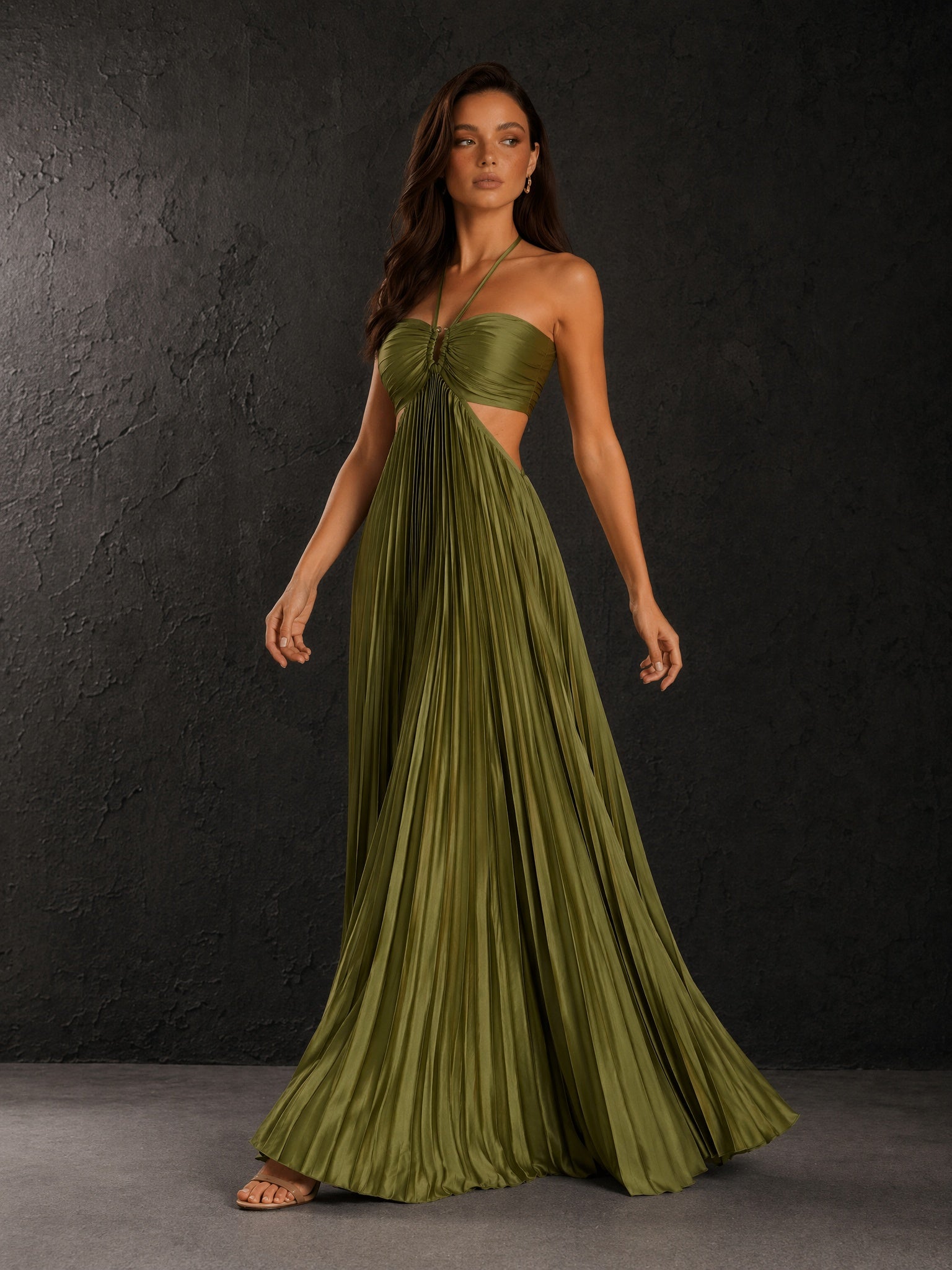BOLODOO olive green satin halter neck cutout waist pleated A-line backless maxi dress - back view showing open tie-back