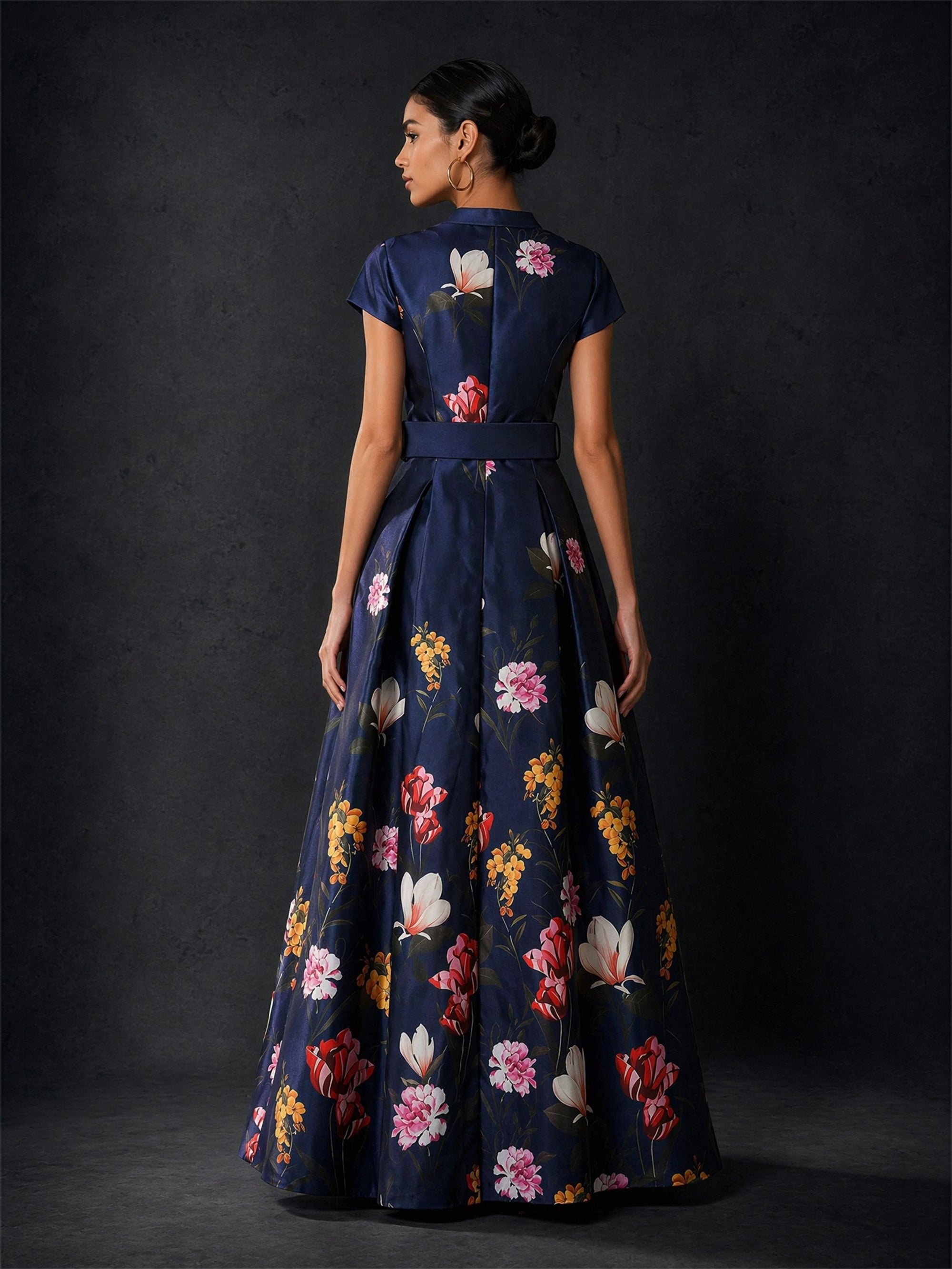 BOLODOO navy floral maxi dress - back view showing short sleeve, belted waist and full A-line skirt
