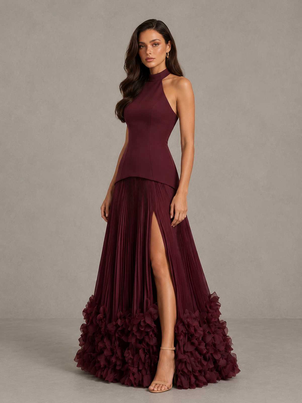 BOLODOO Burgundy Halter Neck Floor-Length Evening Gown with High Slit & 3D Floral Hem 