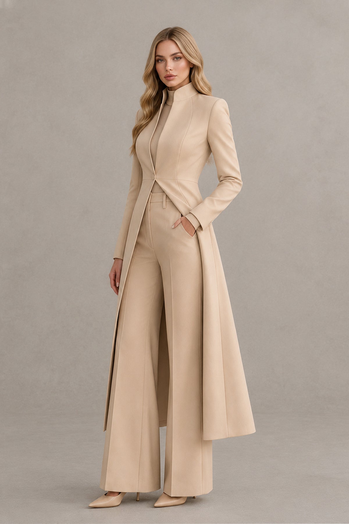BOLODOO beige long-sleeve formal pantsuit with stand collar and tailored waist, angled front view