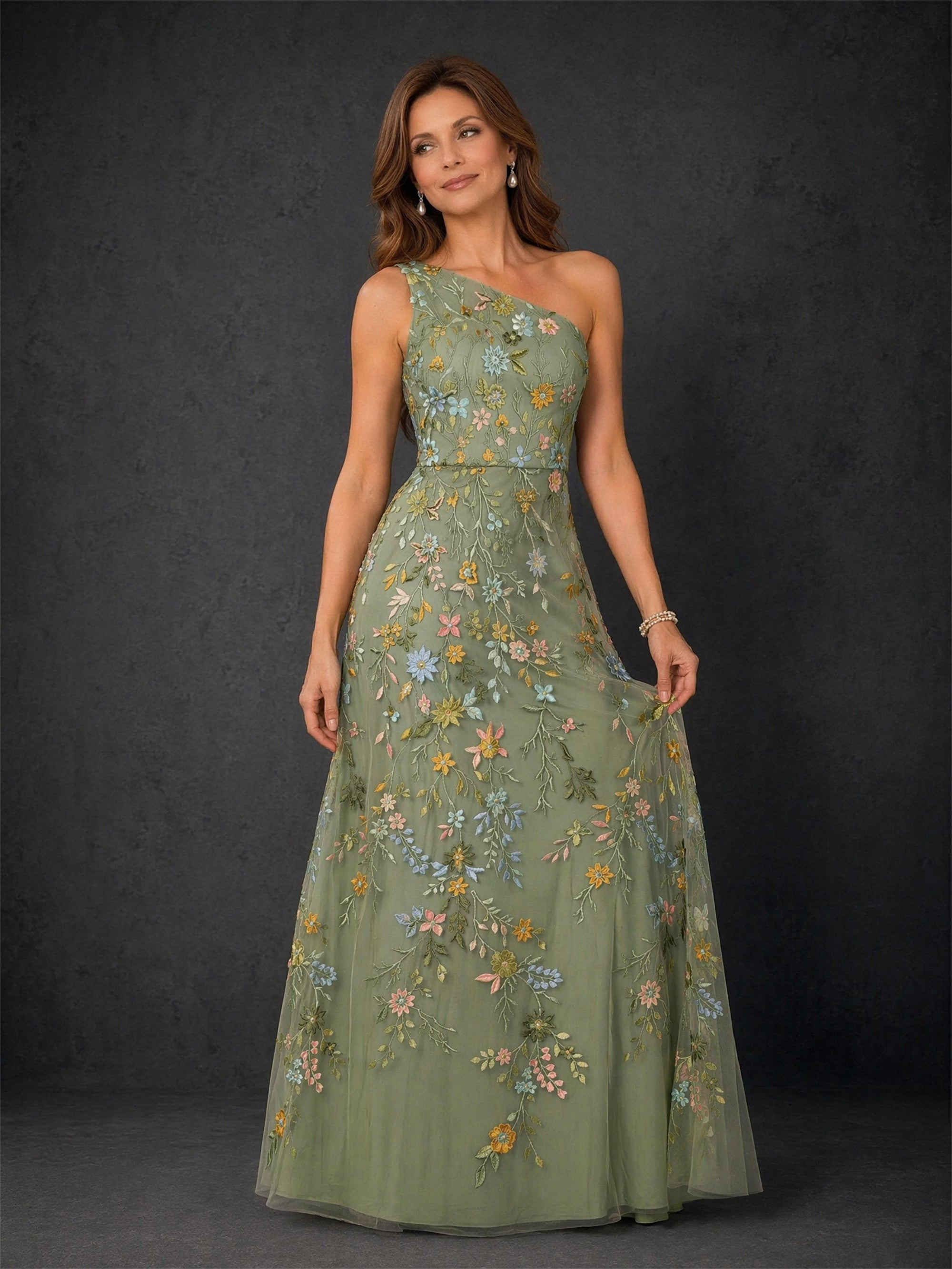 BOLODOO olive green one-shoulder floral embroidered tulle maxi dress - three-quarter front view showing embroidery detail