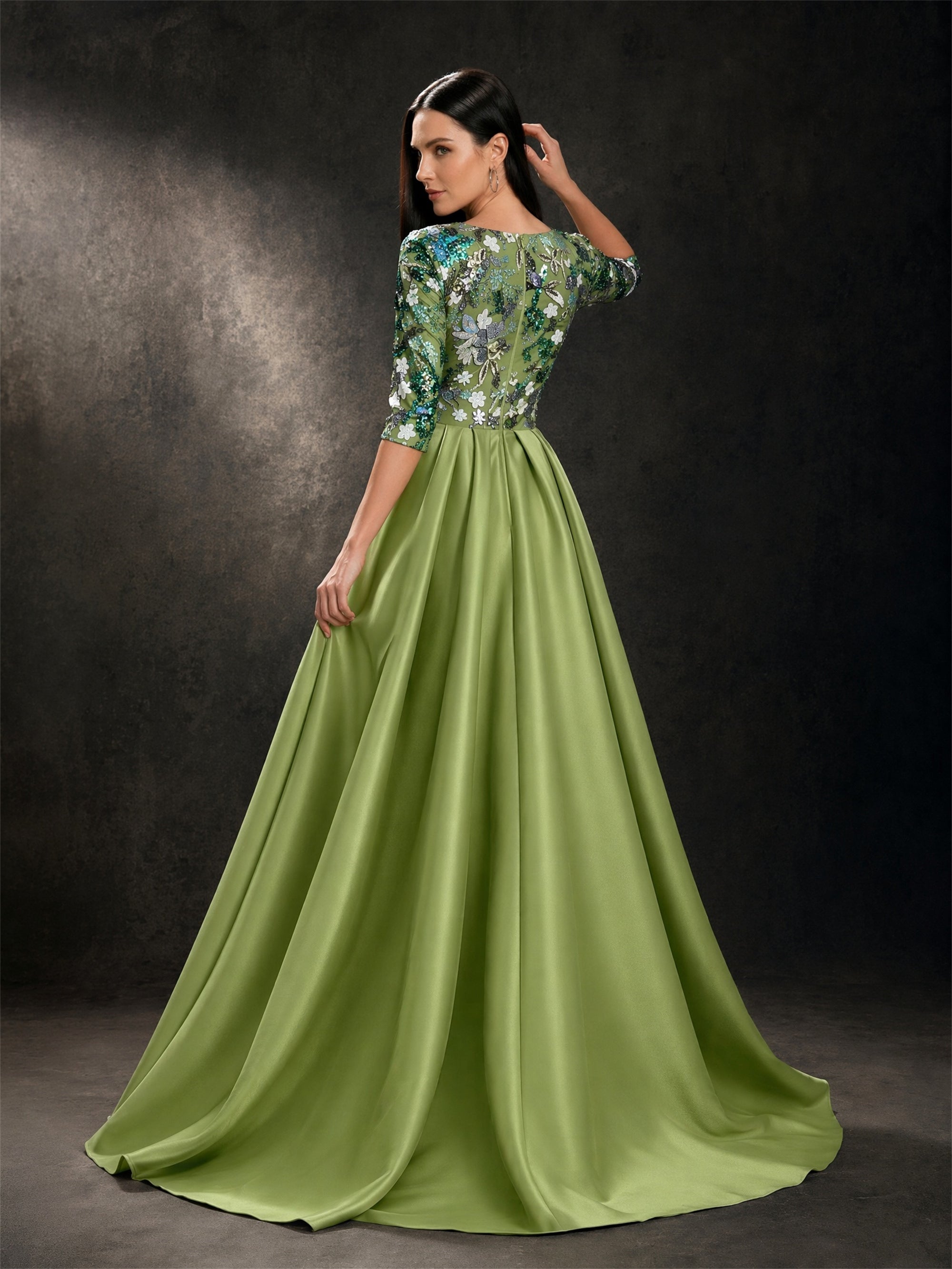 BOLODOO Olive Green 3/4 Sleeve Sequin Embroidered Satin A-Line Gown – Back View with Train