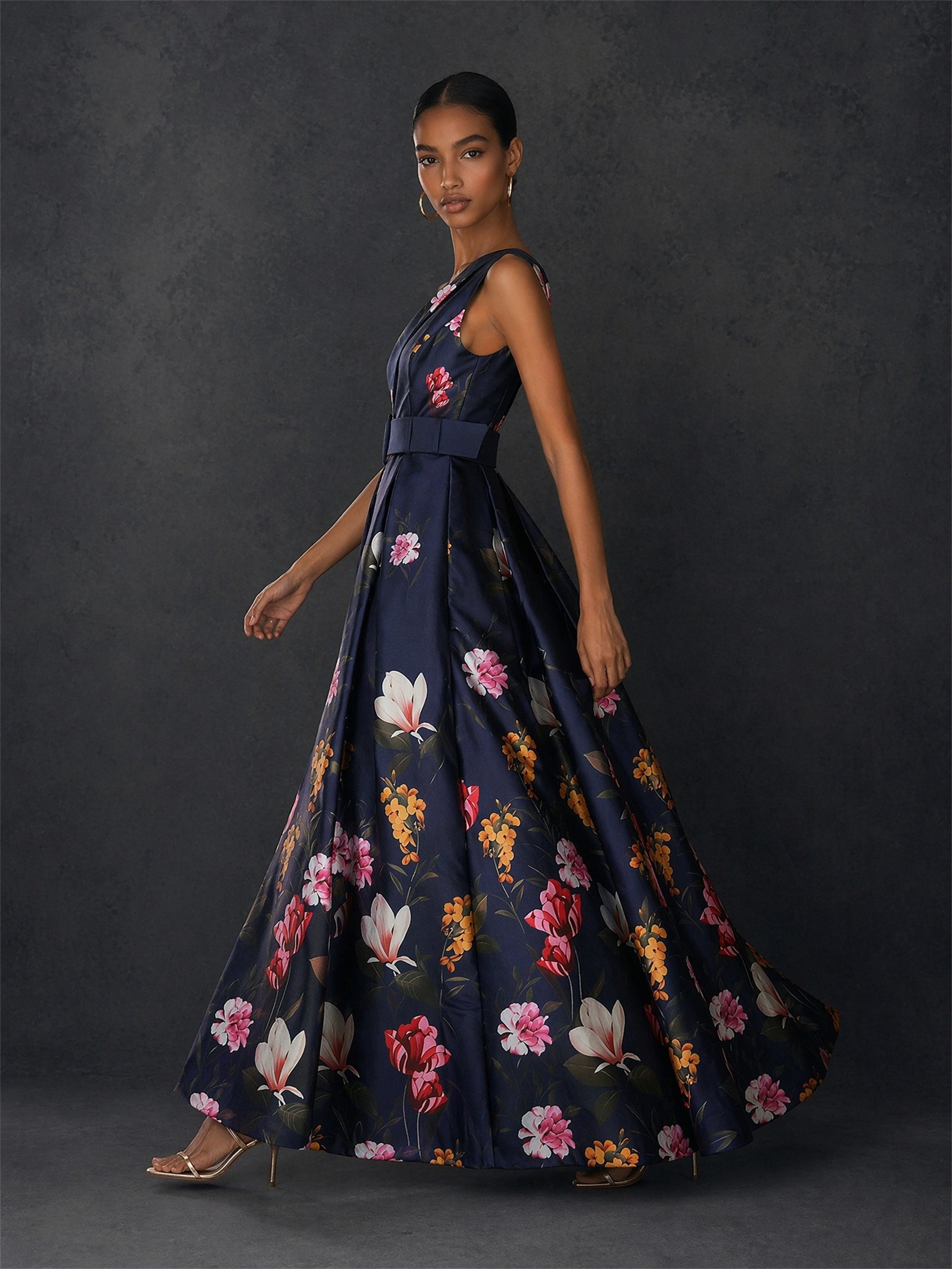 BOLODOO navy blue floral one-shoulder belted ball gown - back view showing open back