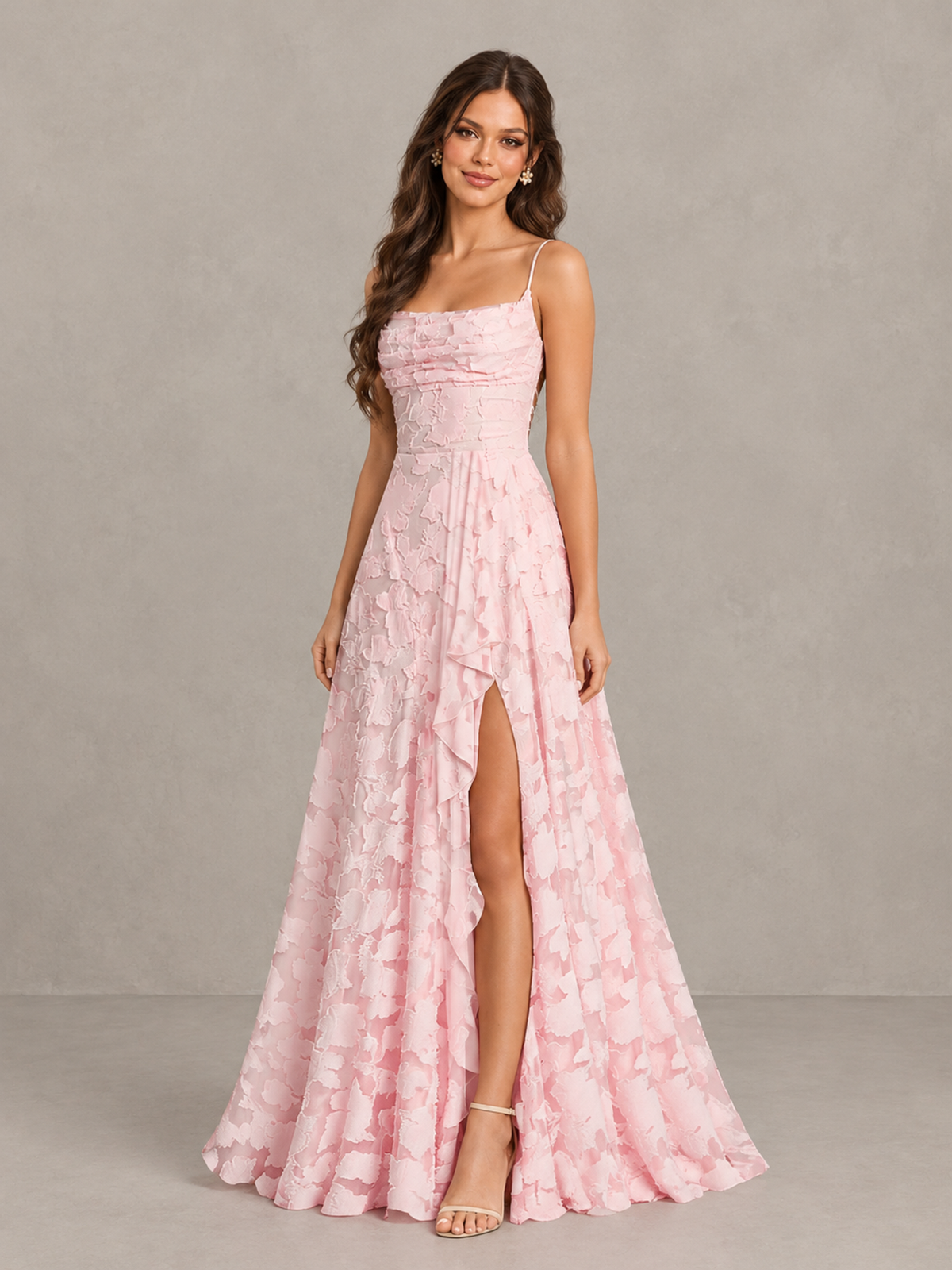 BOLODOO Blush Pink Floral Appliqué Slit Maxi Dress 
