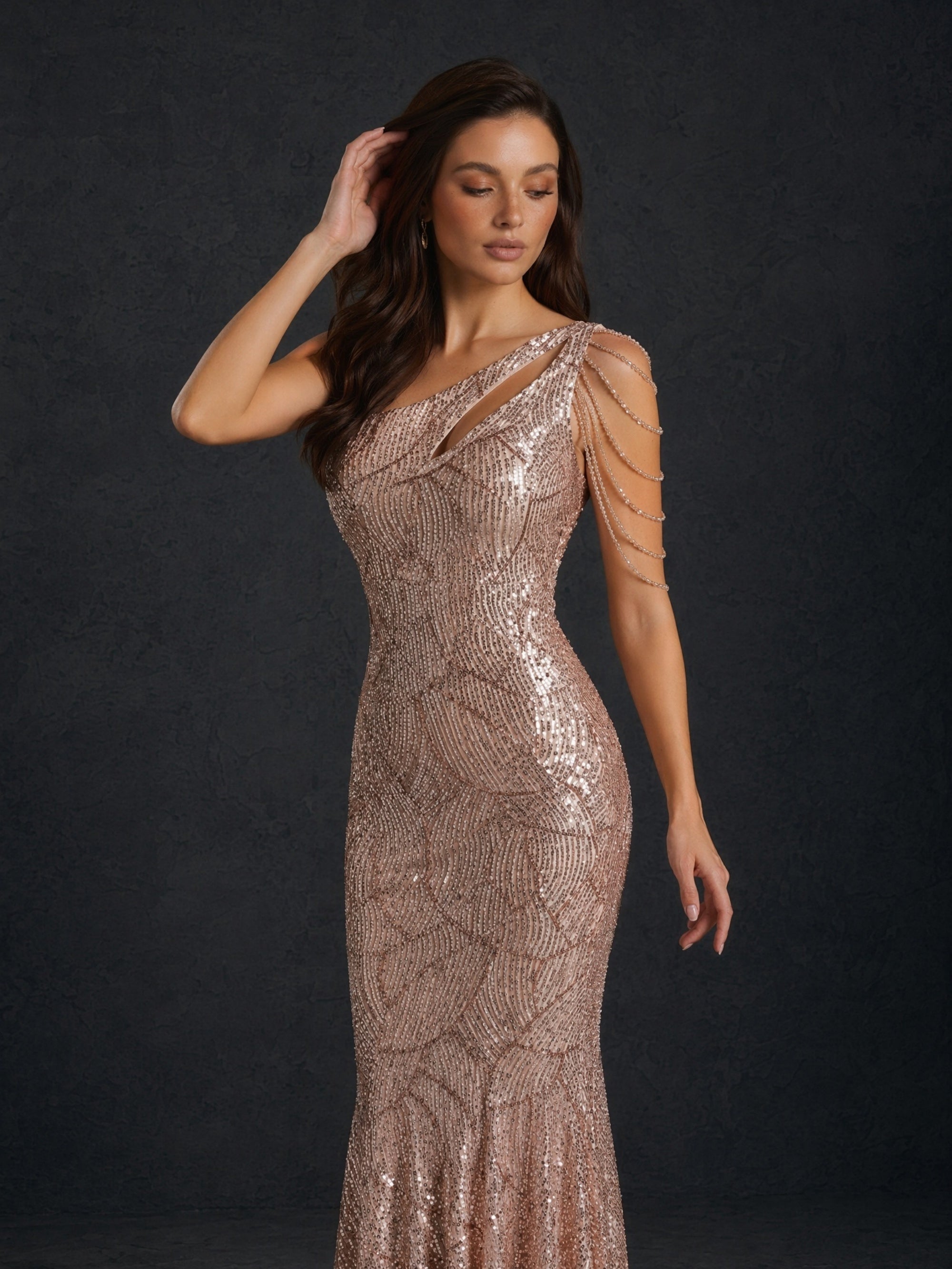 BOLODOO Rose Gold Geometric Wave Sequin One-Shoulder Cutout Multi-Strand Chain Drape Low Open Back Mermaid Maxi Dress - Back View Showing Low Open Back Single Shoulder Strap and Chain Drape Back Detail