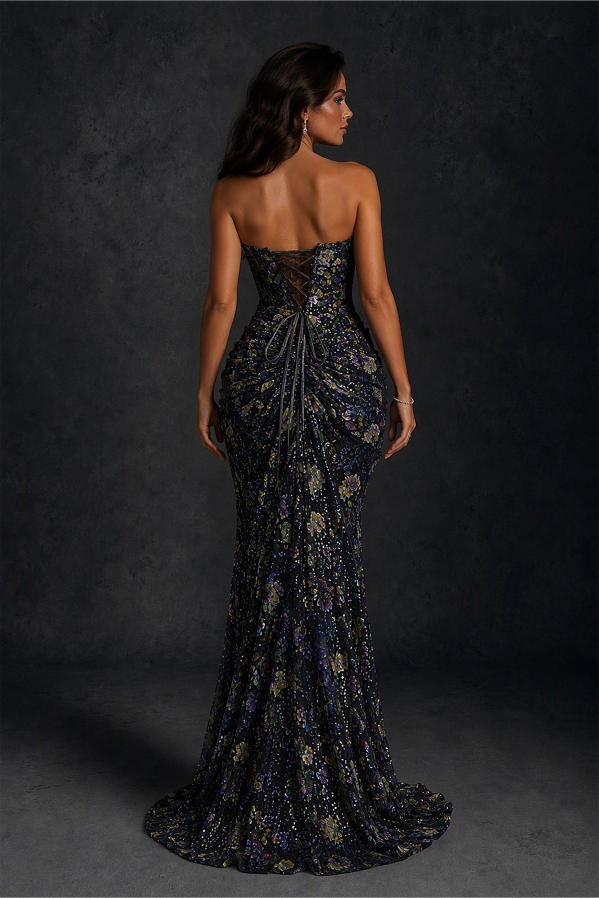 BOLODOO Black Lavender 3D Floral Sequin Strapless Mermaid Evening Gown with Sweep Train 