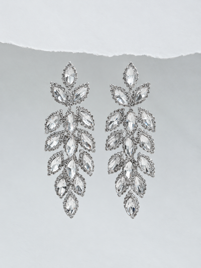 BOLODOO XCD004 silver-tone leaf drop earrings with clear marquise-shaped faceted stones, pair view