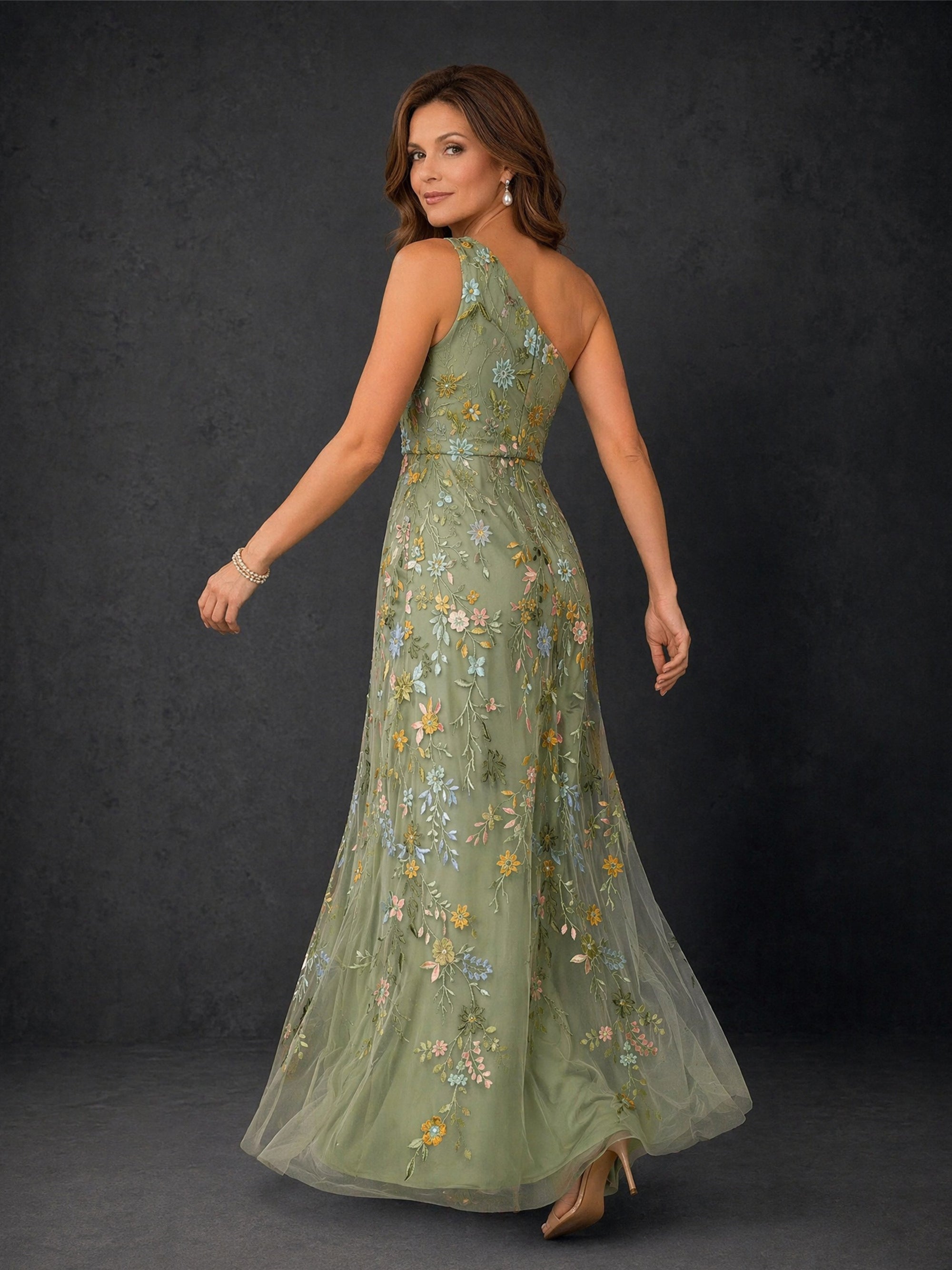 BOLODOO olive green one-shoulder floral embroidered tulle maxi dress - back and side view