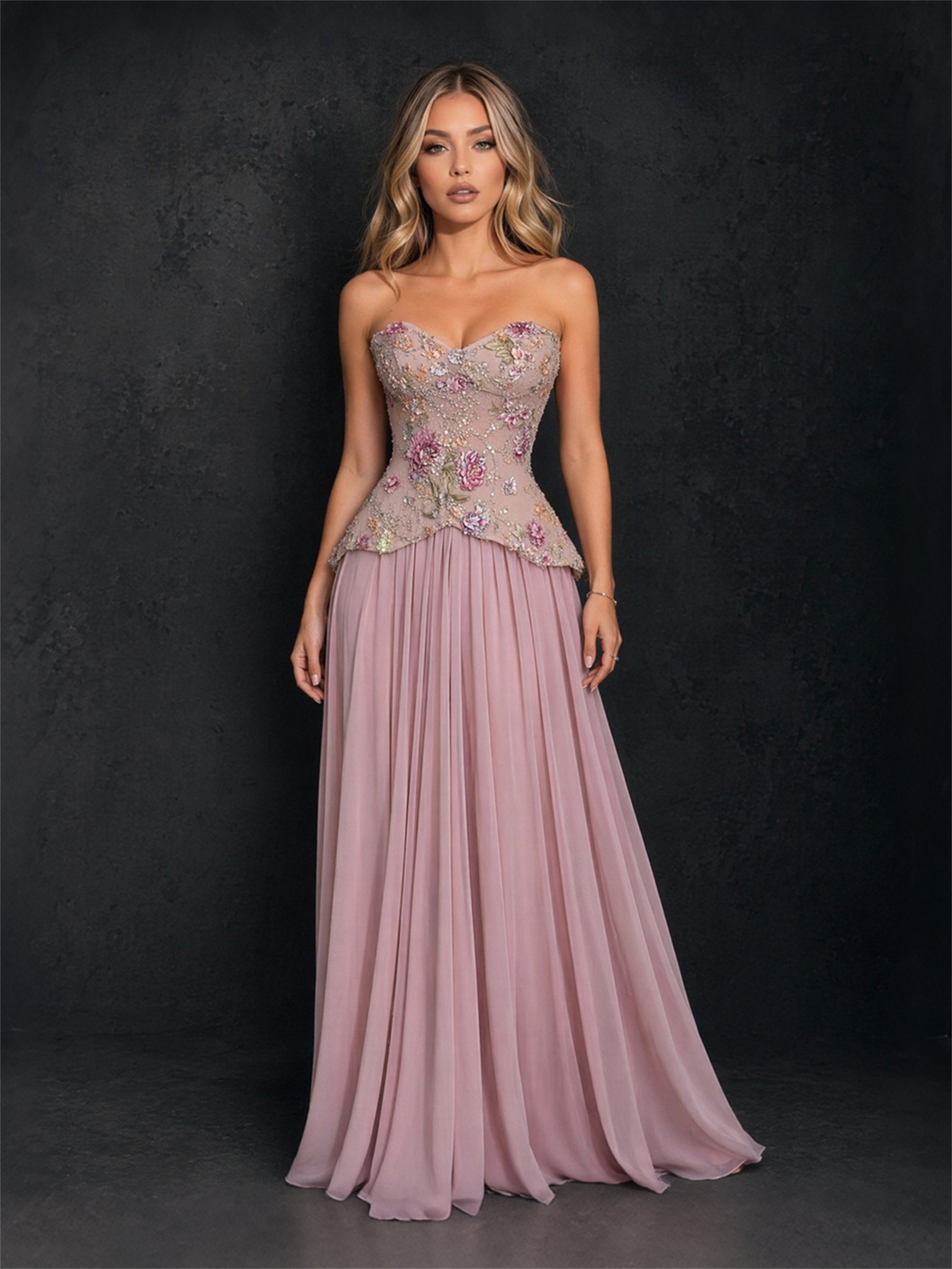BOLODOO mauve strapless beaded floral corset chiffon maxi gown - back view showing open back lace-up corset closure and flowing chiffon skirt
