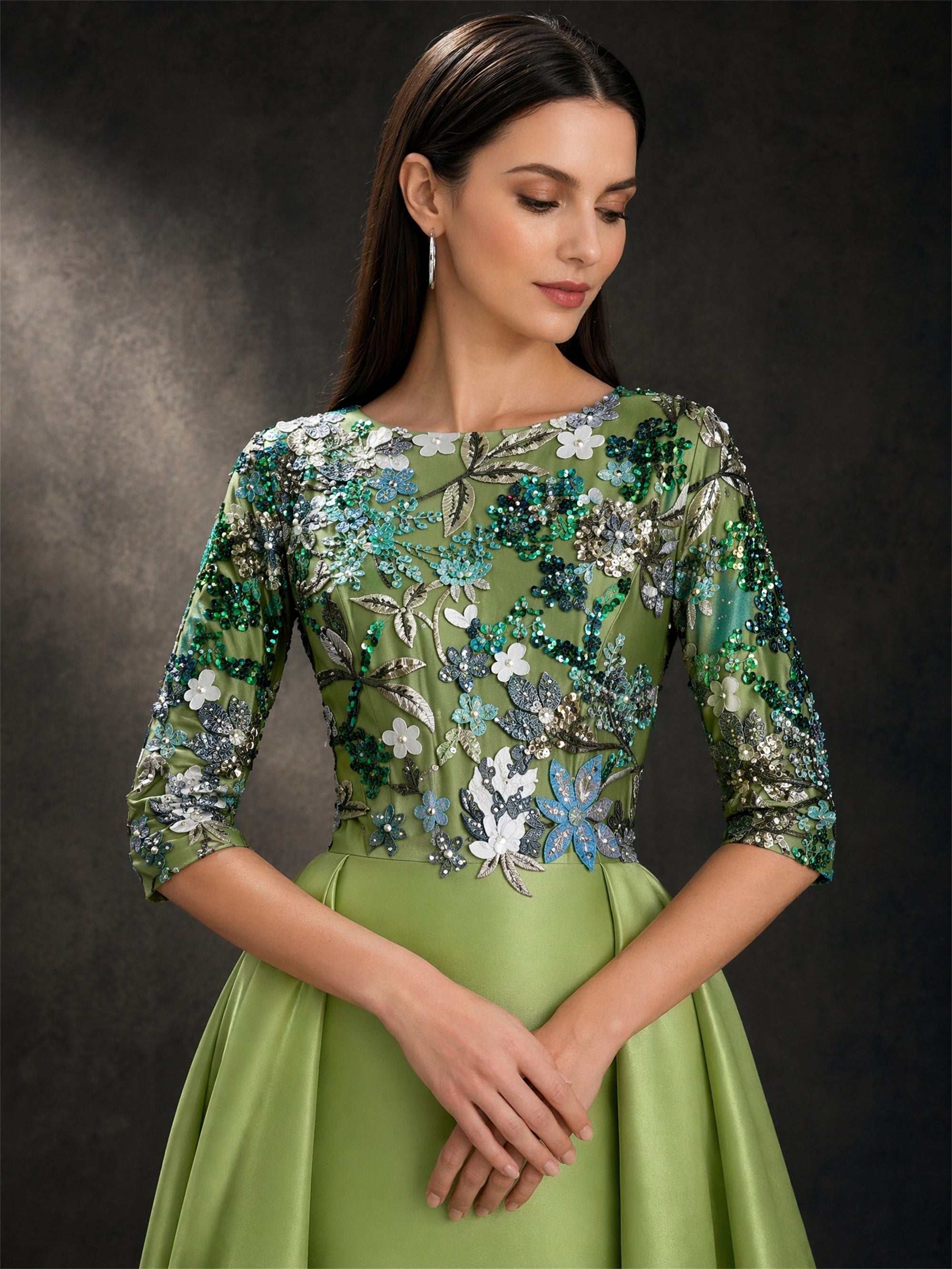 BOLODOO Olive Green 3/4 Sleeve Sequin Embroidered Satin A-Line Gown – Bodice Sequin Embroidery Close-Up