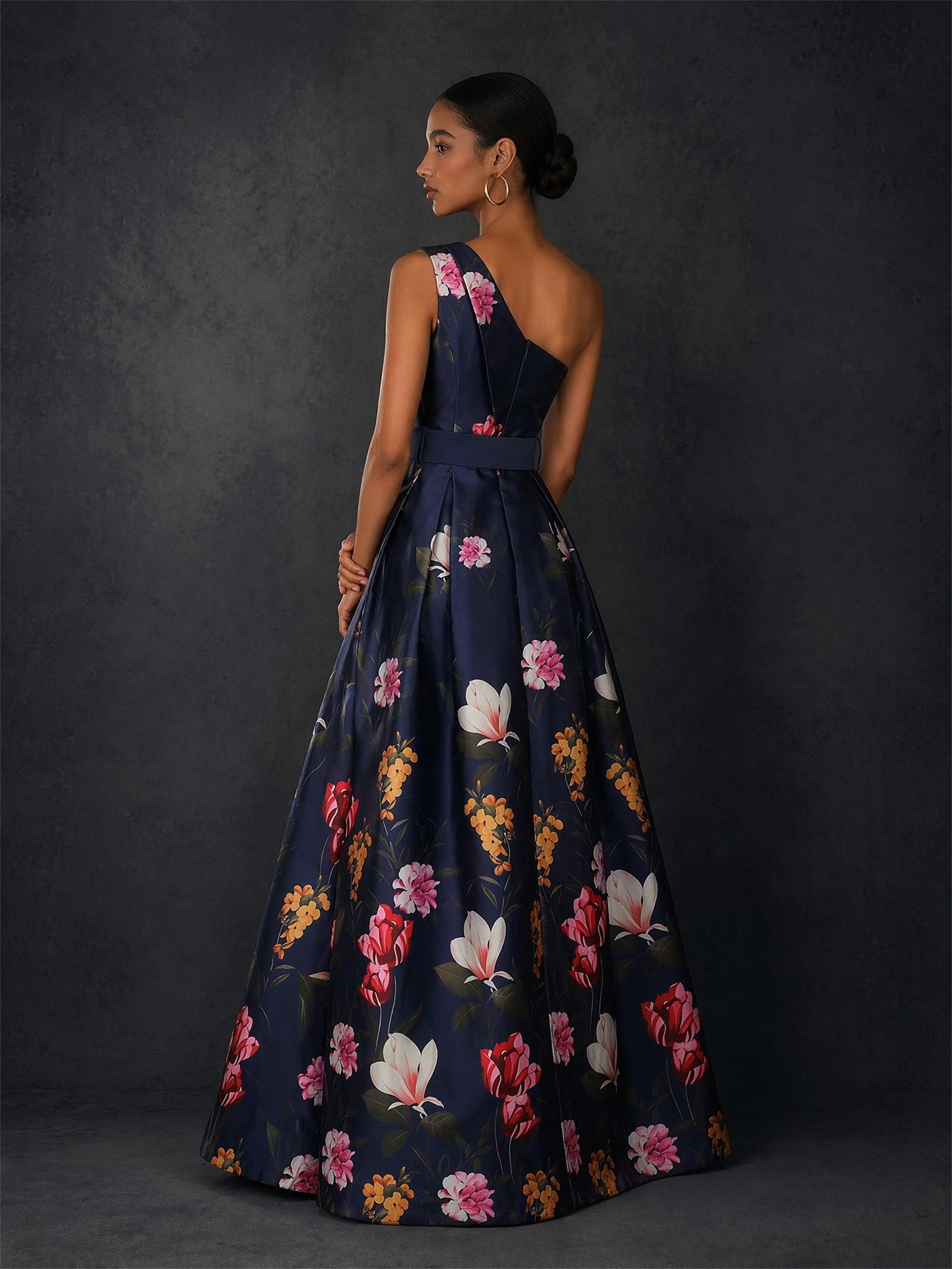 BOLODOO navy blue floral one-shoulder belted ball gown - three-quarter front view