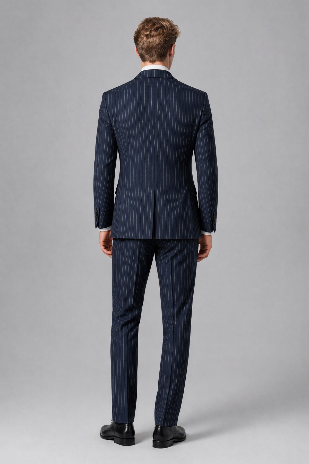 Bolodoo FQ1010 navy pinstripe suit jacket and full-length trousers, full back view