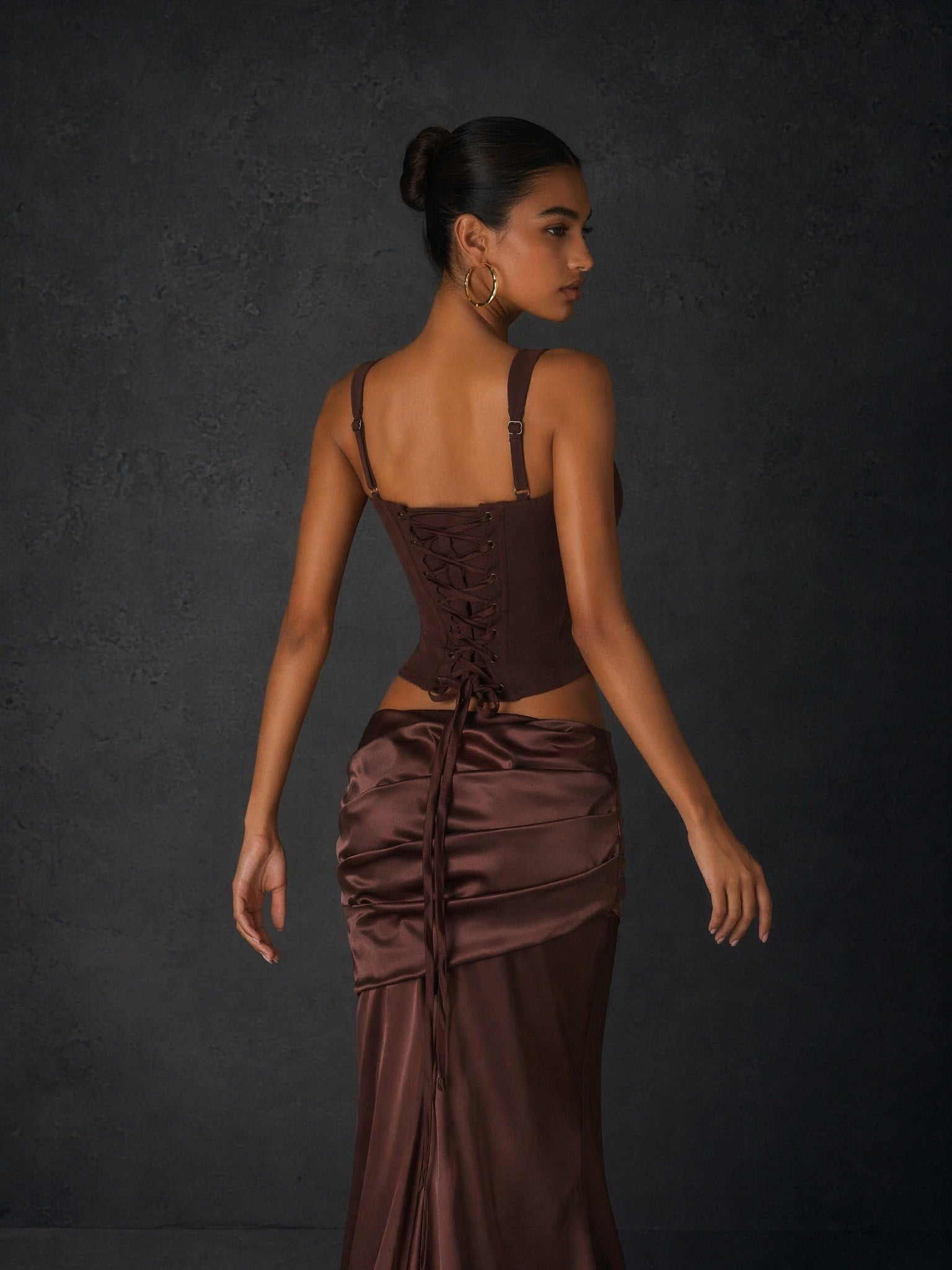 BOLODOO chocolate brown satin corset top and mermaid skirt - back view showing lace-up corset back detail