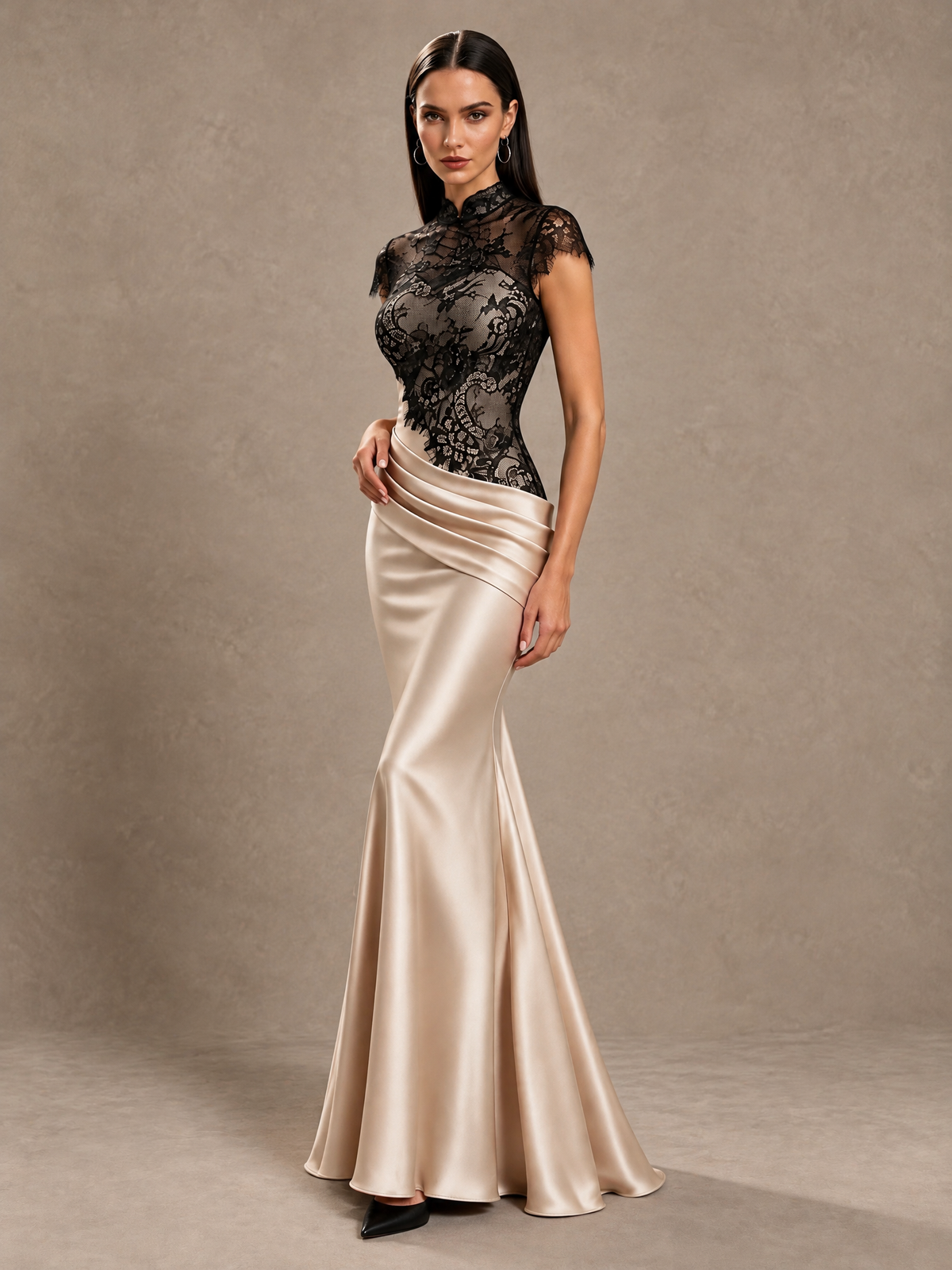BOLODOO Black Lace Champagne Satin Mermaid Wedding Guest Dress 