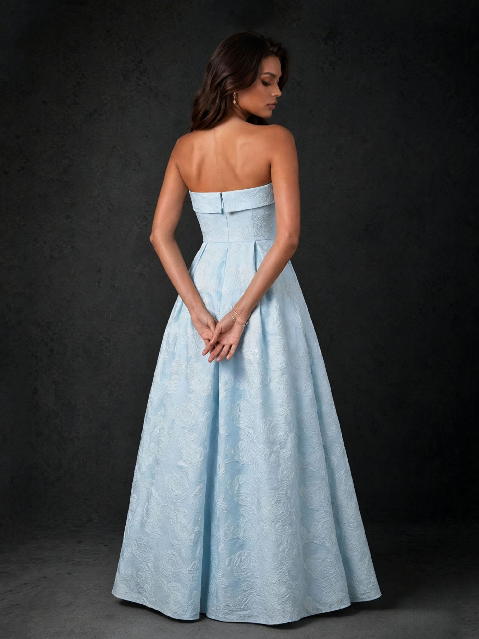 BOLODOO Sky Blue Floral Jacquard Strapless A-Line Ball Gown Maxi Dress - Front Full Length Flowing Skirt View