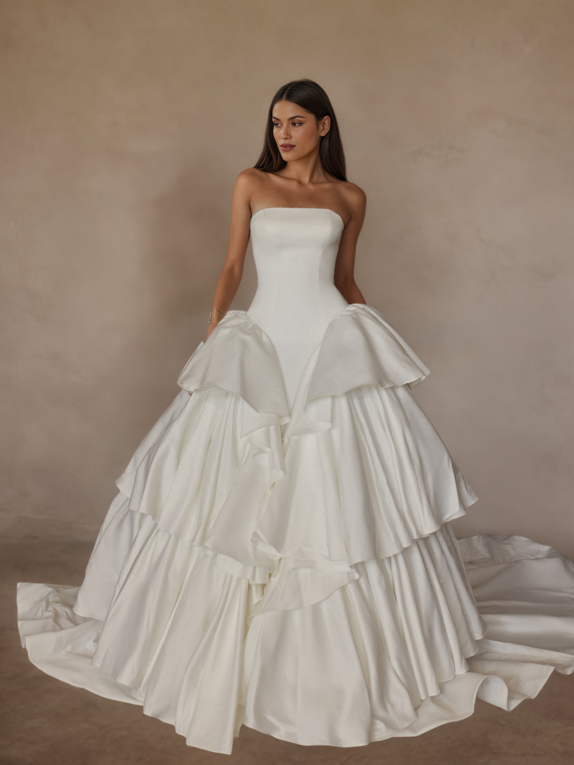 BOLODOO Ivory Strapless Straight Neckline Boned Corset Satin Tiered Ruffle Ball Gown - full front view
