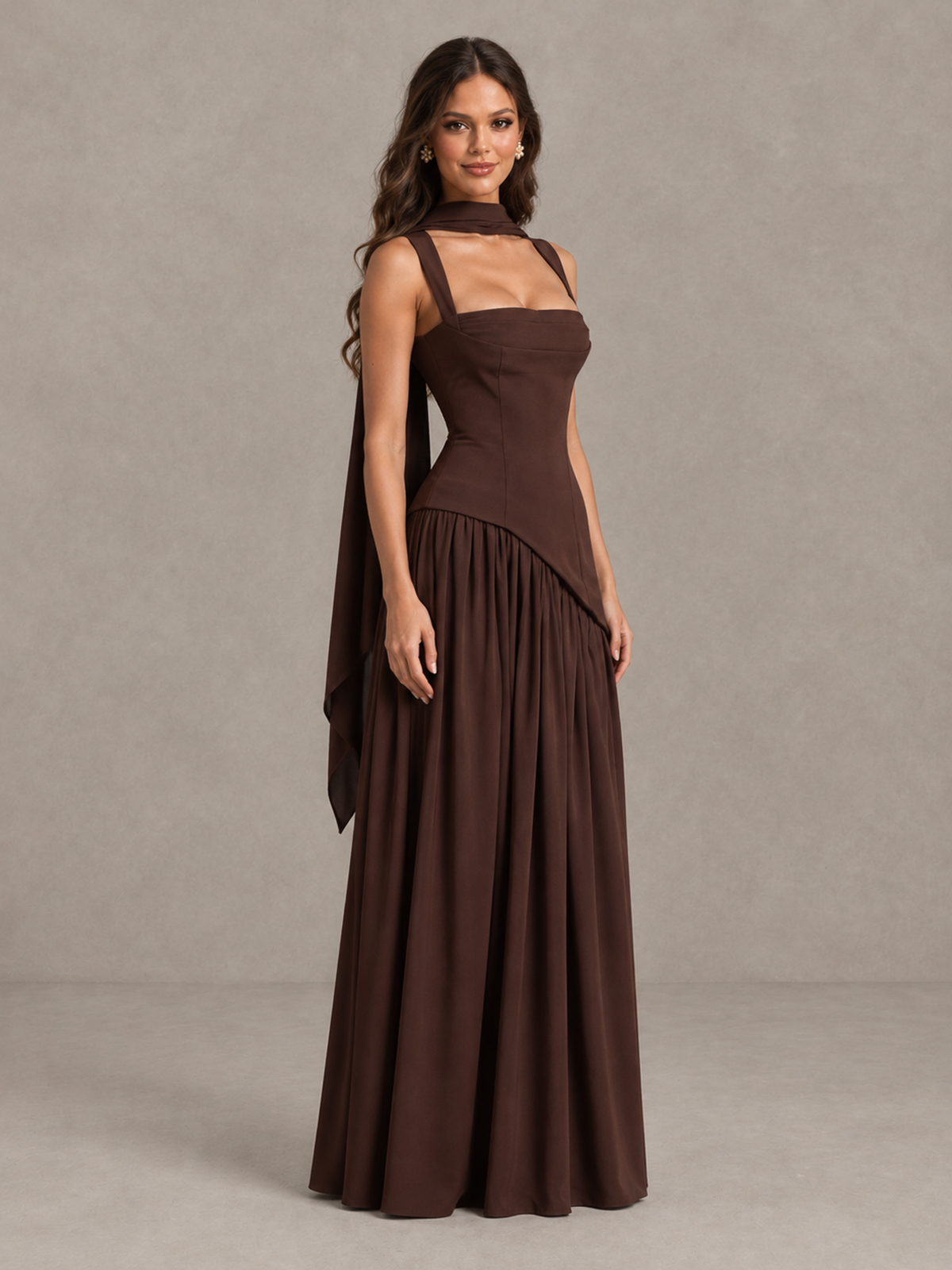 BOLODOO Chocolate Brown Scarf Bridesmaid Dress with Lace-Up Back 
